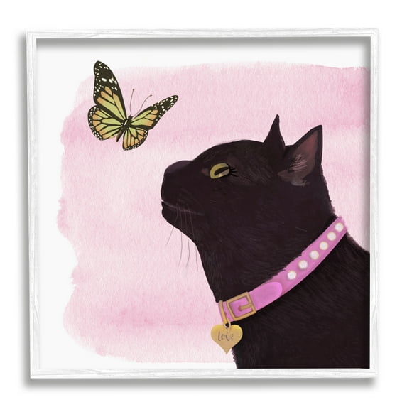 Stupell Industries Black Cat & Butterfly Animals & Insects Painting White Framed Art Print Wall Art, 17 x 17