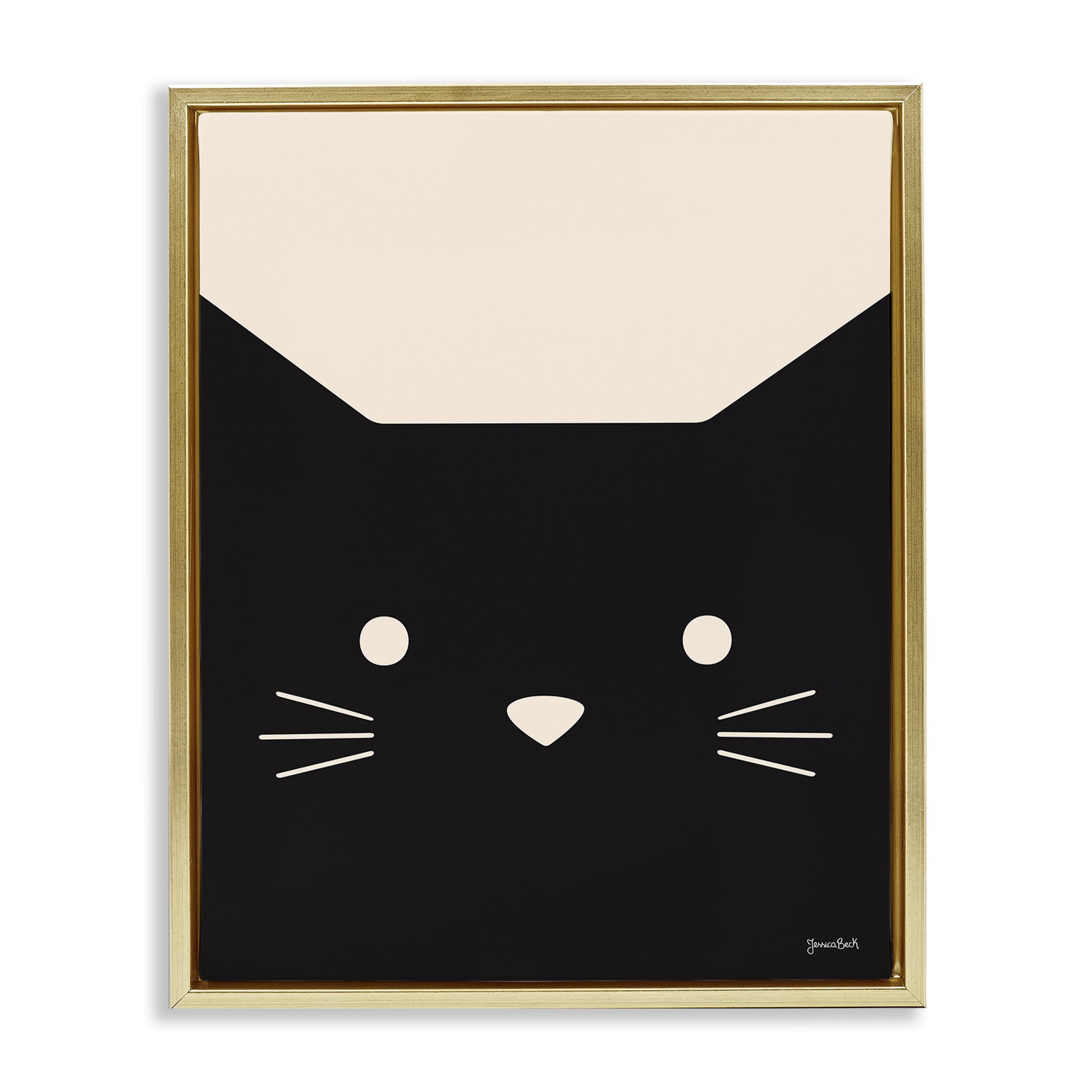 Stupell Industries Black Cat Close Up Animals Painting Gold Floater Framed Canvas Art Print Wall Art, 17 x 21