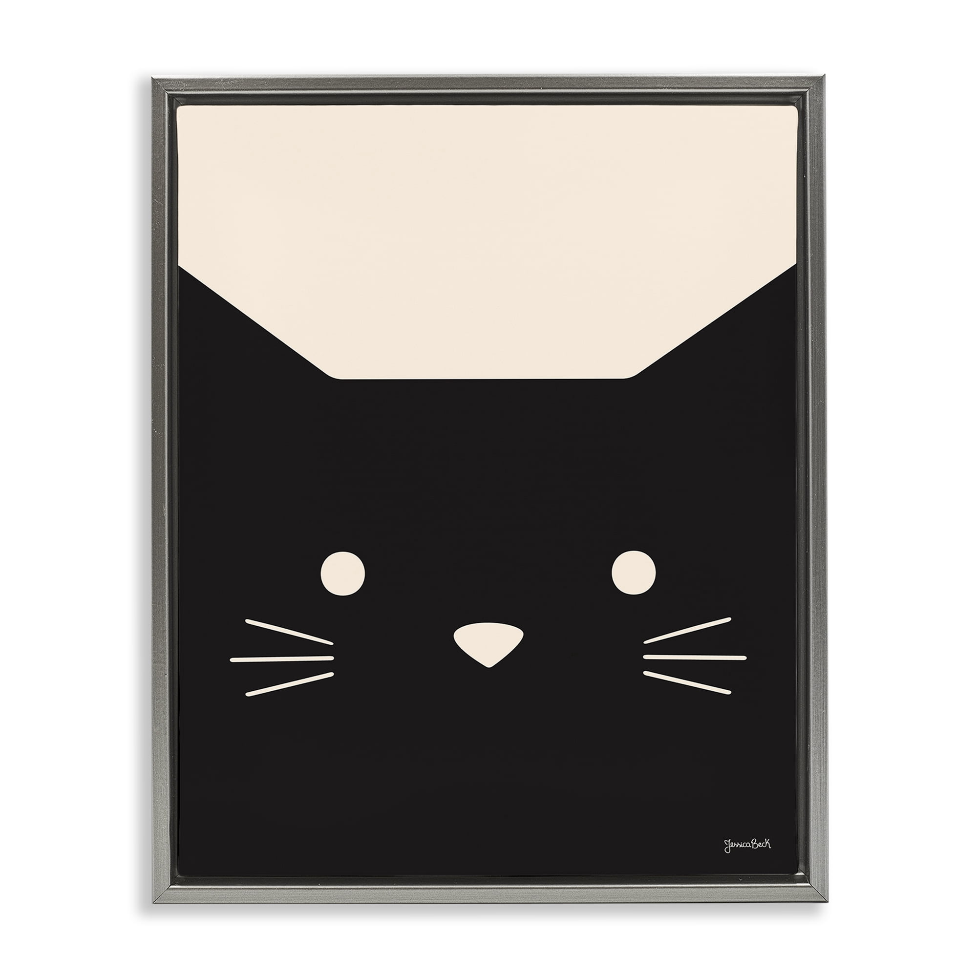 Stupell Industries Black Cat Close Up Animals Painting Gray Floater Framed Canvas Art Print Wall Art, 25 x 31