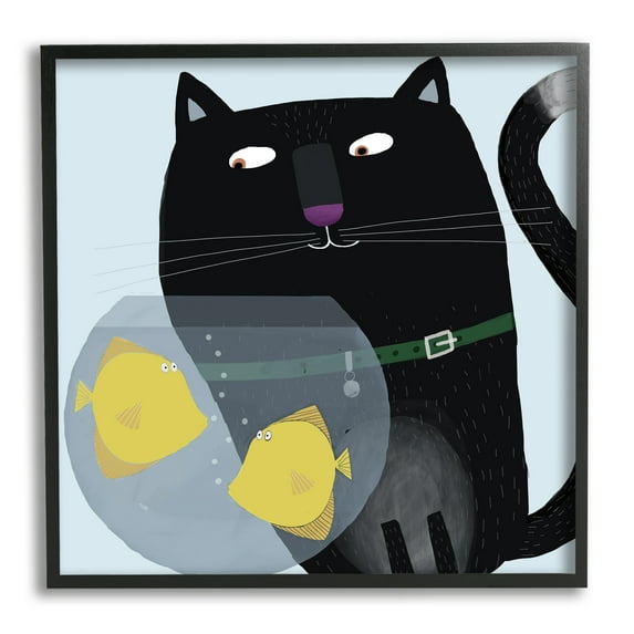 Stupell Industries Black Cat Eyeing Fish Bowl Animals & Insects Painting Black Framed Art Print Wall Art