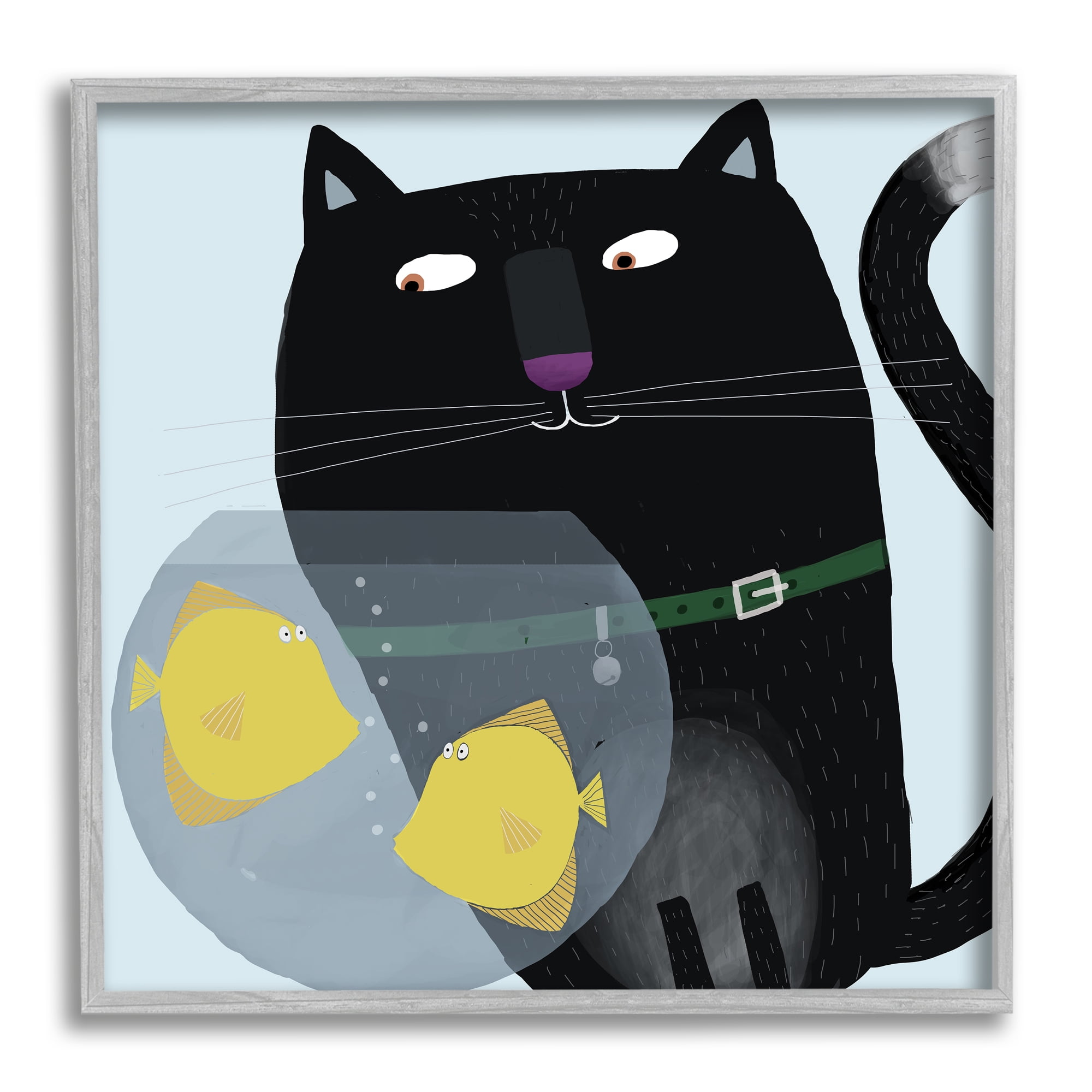 Stupell Industries Black Cat Eyeing Fish Bowl Animals & Insects Painting Gray Framed Art Print Wall Art