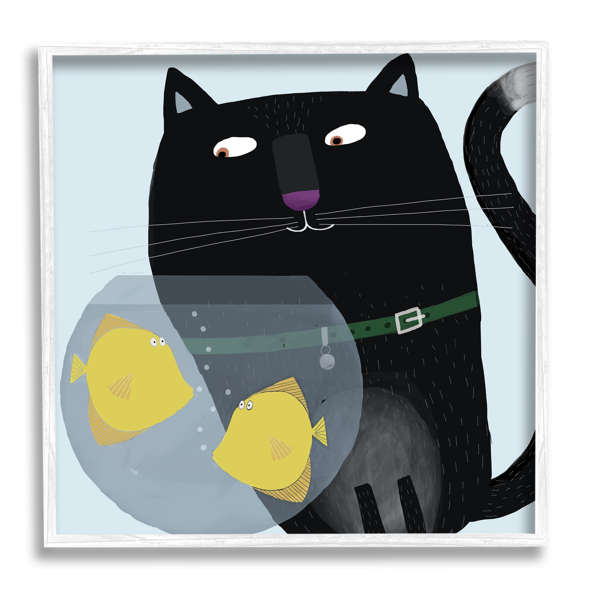 Stupell Industries Black Cat Eyeing Fish Bowl Animals & Insects Painting White Framed Art Print Wall Art
