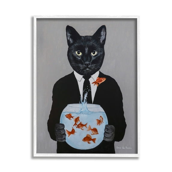 Stupell Industries Black Cat Fashion Suit Goldfish Jumping Fishbowl Painting, 11 x 14, Design by Coco de Paris