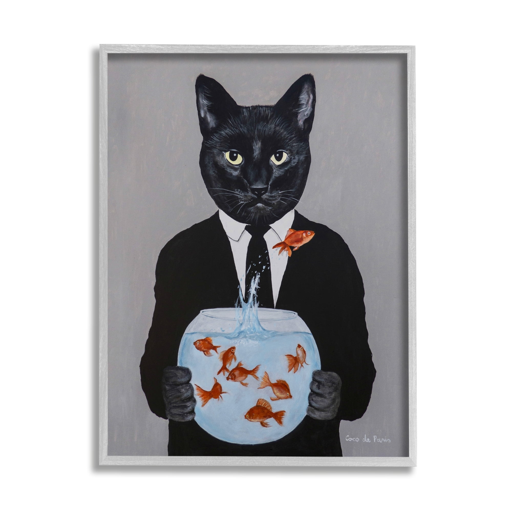 Stupell Industries Black Cat Fashion Suit Goldfish Jumping Fishbowl Painting, 16 x 20, Design by Coco de Paris