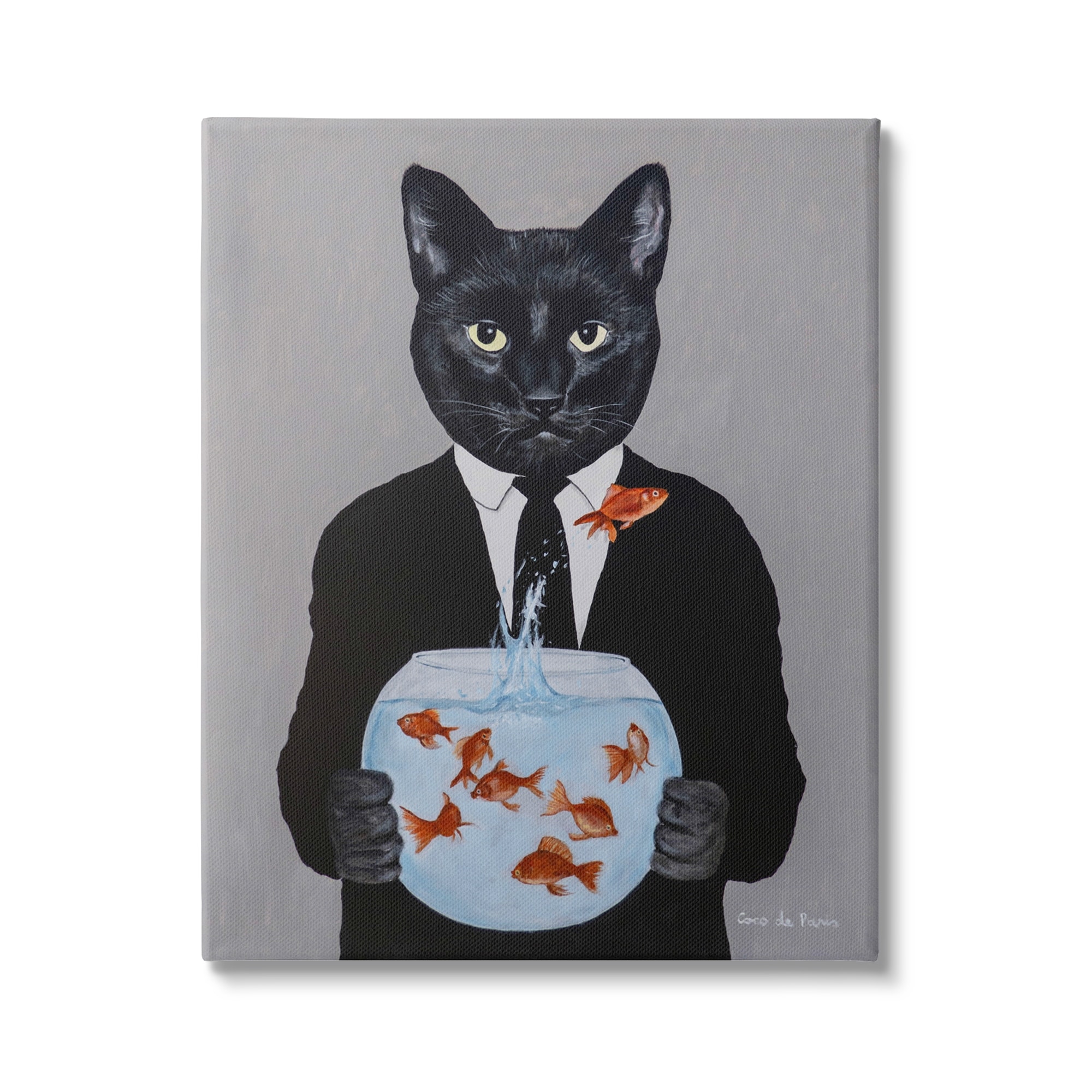 Stupell Industries Black Cat Fashion Suit Goldfish Jumping Fishbowl Painting Gallery-Wrapped Canvas Print Wall Art, 30x40, by Coco de Paris