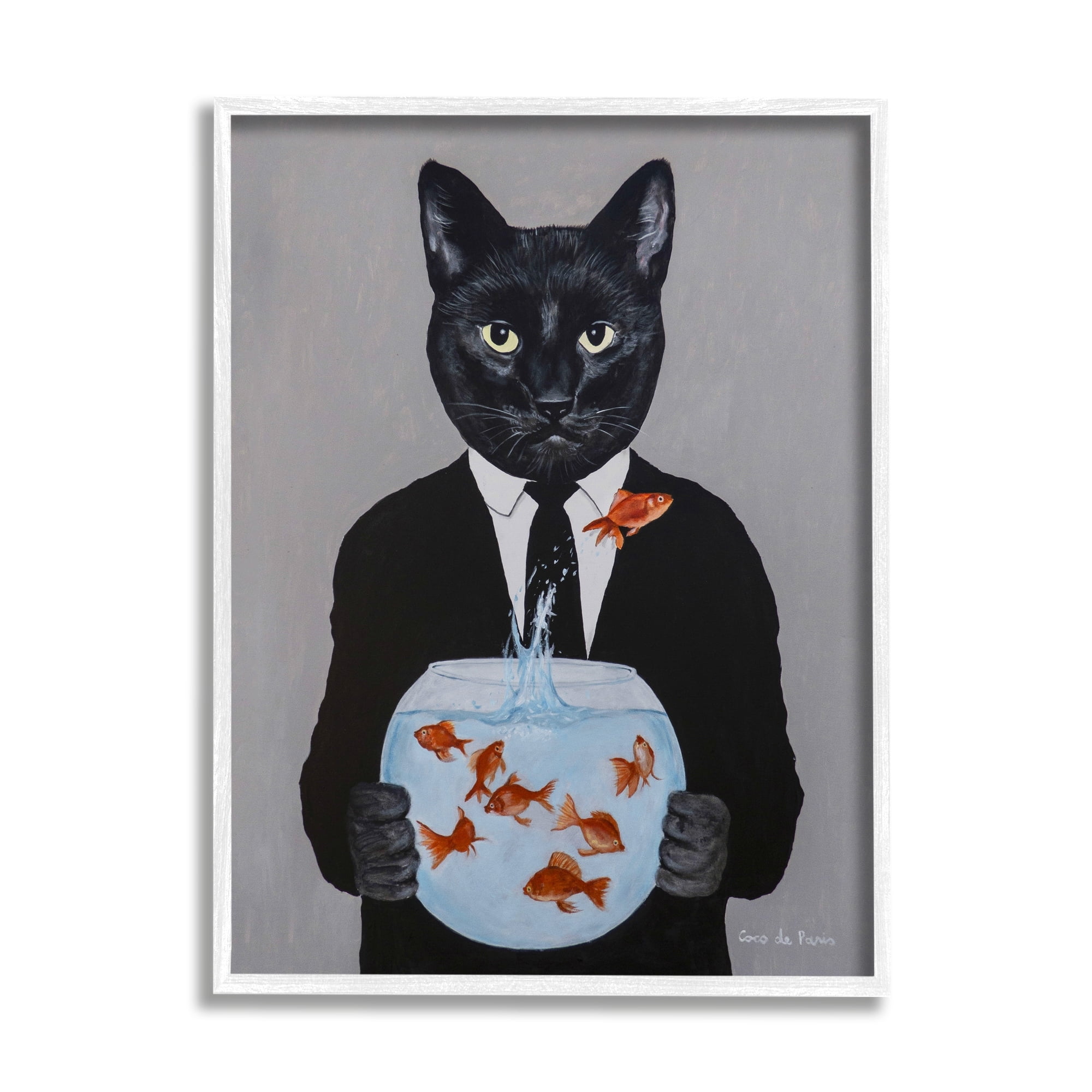 Stupell Industries Black Cat Fashion Suit Goldfish Jumping Fishbowl Painting White Framed Art Print Wall Art, 16x20, by Coco de Paris