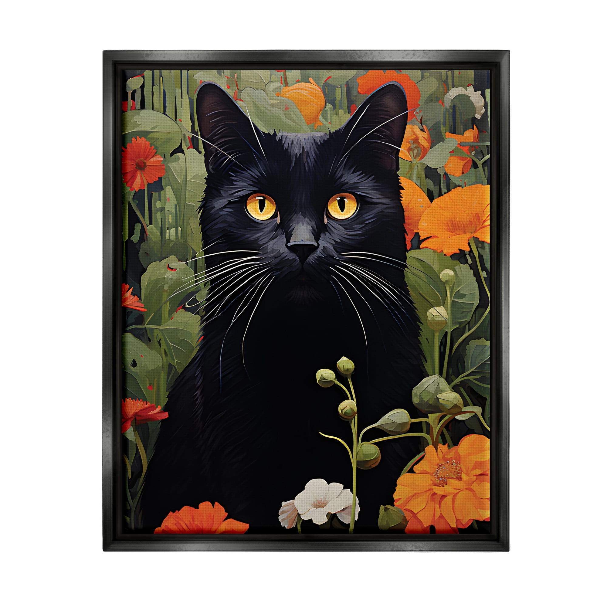 Stupell Industries Black Cat Garden Flowers Animals & Insects Painting Black Floater Framed Canvas Art Print Wall Art, 25 x 31