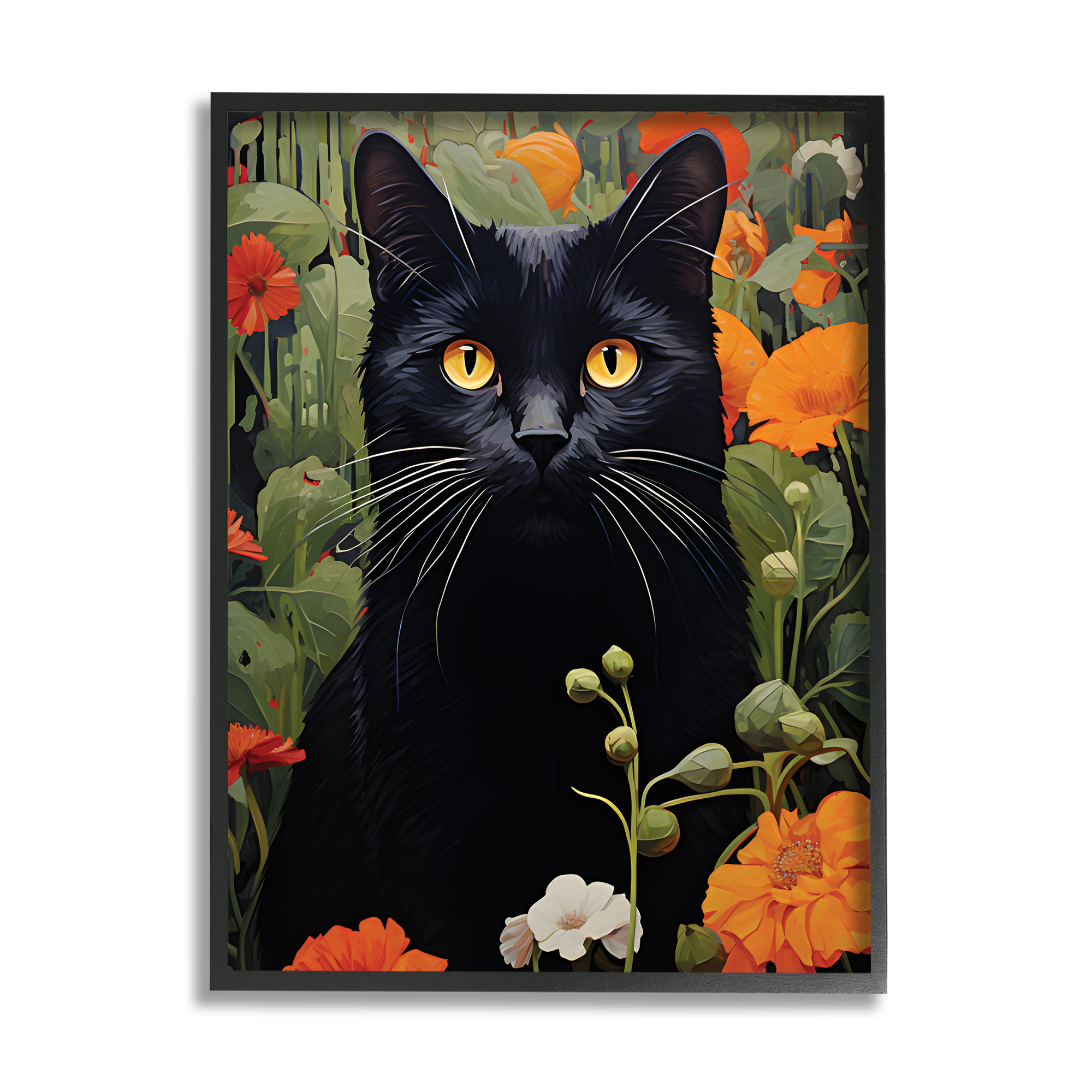 Stupell Industries Black Cat Garden Flowers Animals & Insects Painting Black Framed Art Print Wall Art, 16 x 20