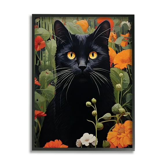 Stupell Industries Black Cat Garden Flowers Animals & Insects Painting Black Framed Art Print Wall Art, 16 x 20