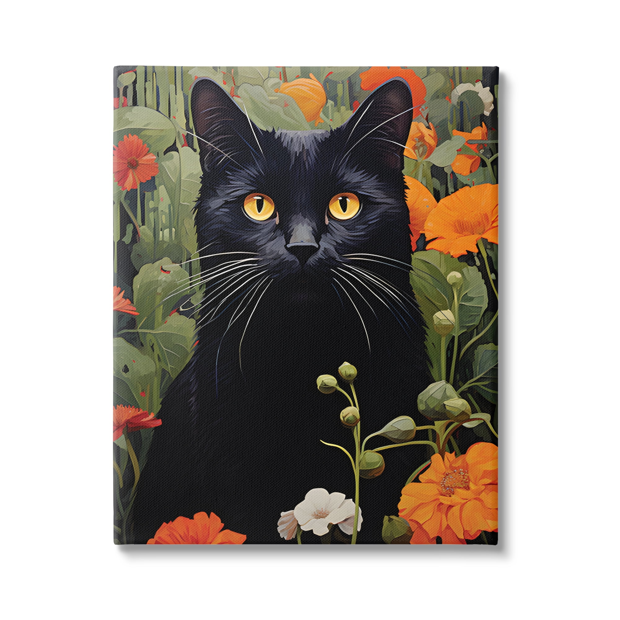 Stupell Industries Black Cat Garden Flowers Animals & Insects Painting Gallery Wrapped Canvas Art Print Wall Art, 36 x 48