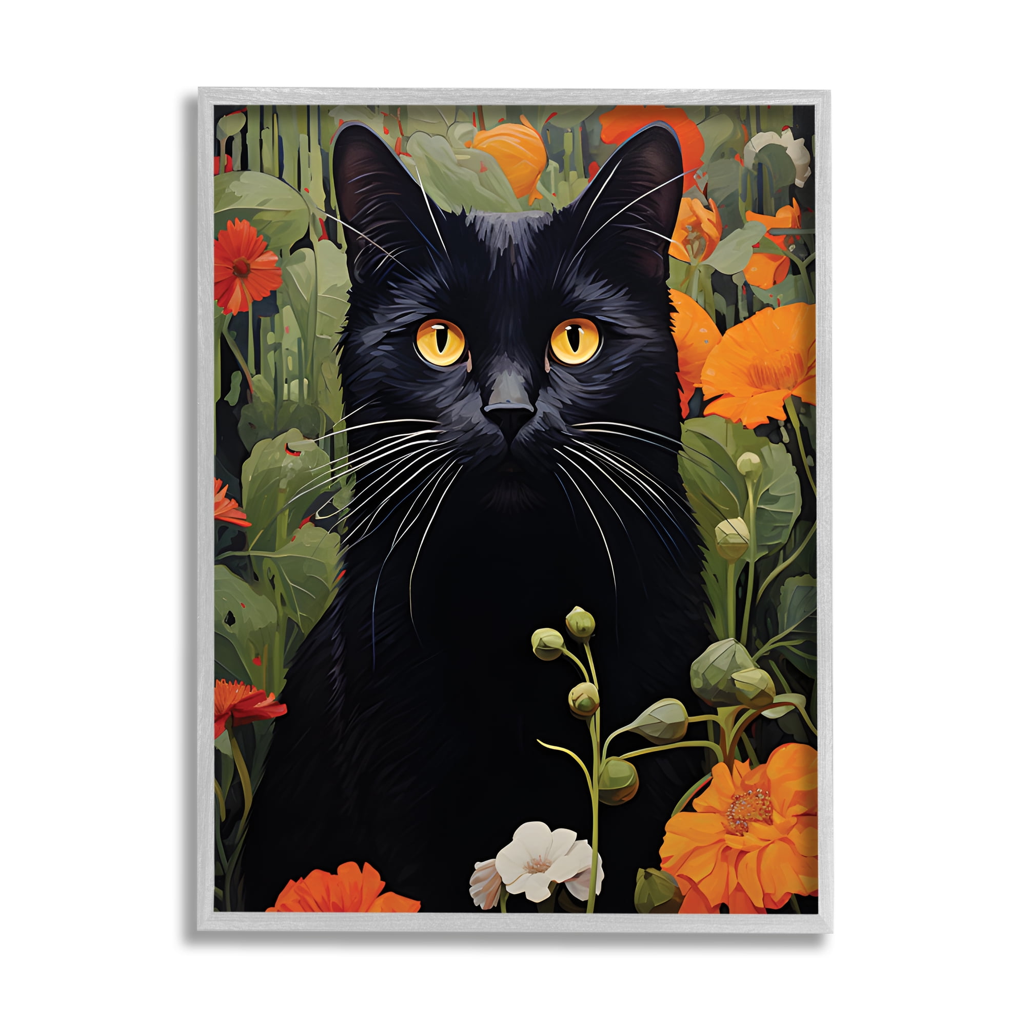 Stupell Industries Black Cat Garden Flowers Animals & Insects Painting Gray Framed Art Print Wall Art, 24 x 30