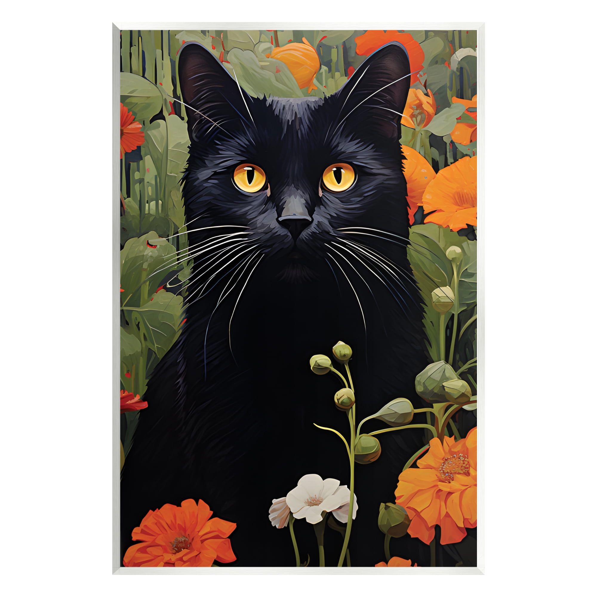 Stupell Industries Black Cat Garden Flowers Animals & Insects Painting Unframed Art Print Wall Art, 13 x 19