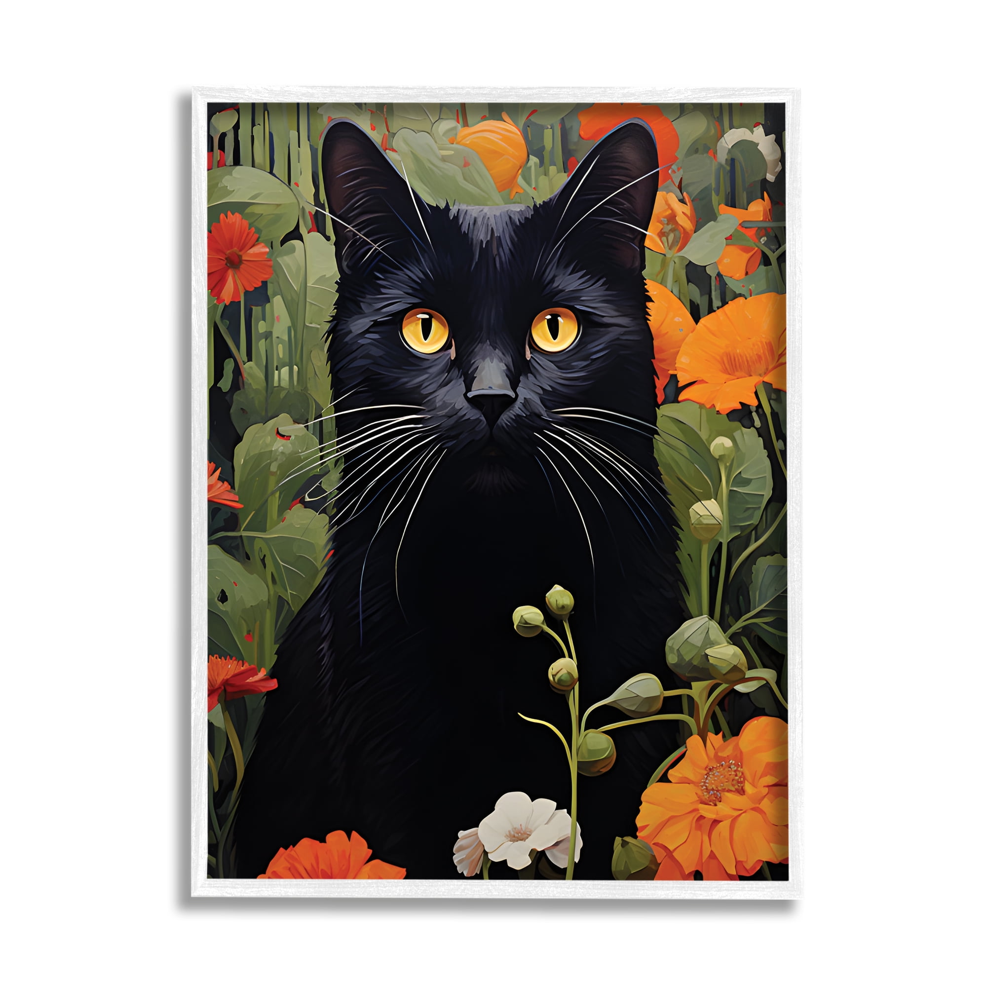 Stupell Industries Black Cat Garden Flowers Animals & Insects Painting White Framed Art Print Wall Art, 16 x 20