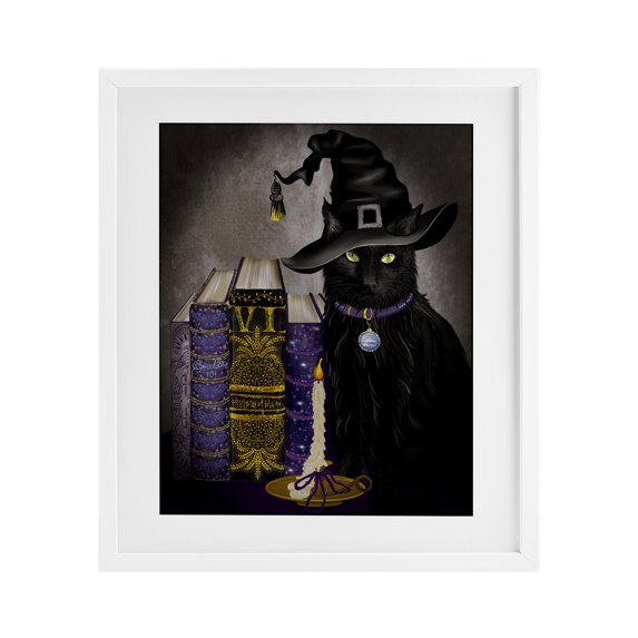 Stupell Industries Eclectic Black Cat Gothic Books White Framed Print Under Glass, 17 x 21, by Lori Mosley