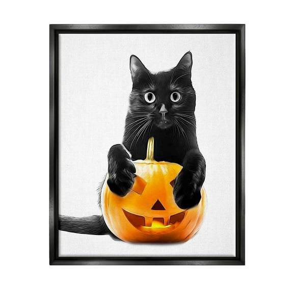 Stupell Industries Black Cat & Jack-o-Lantern Holiday Painting Black Floater Framed Canvas Art Print Wall Art, 25 x 31