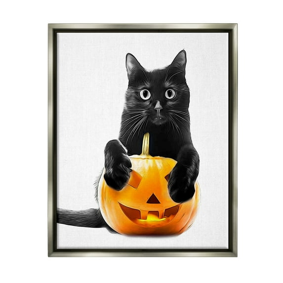Stupell Industries Black Cat & Jack-o-Lantern Holiday Painting Gray Floater Framed Canvas Art Print Wall Art, 25 x 31