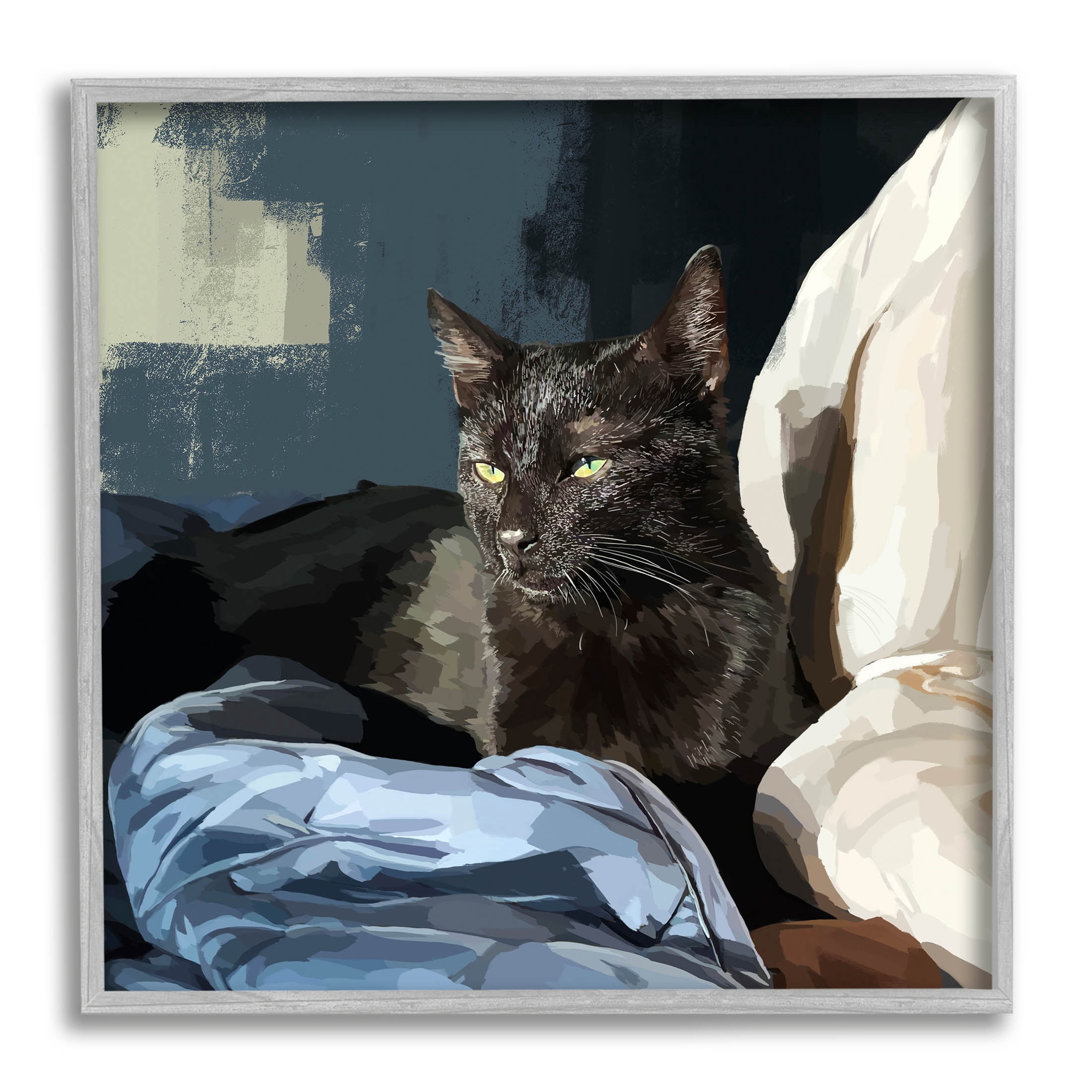 Stupell Industries Black Cat Lounging Comfy Bed Graphic Art Gray Framed Art Print Wall Art, Design by Emily Kalina