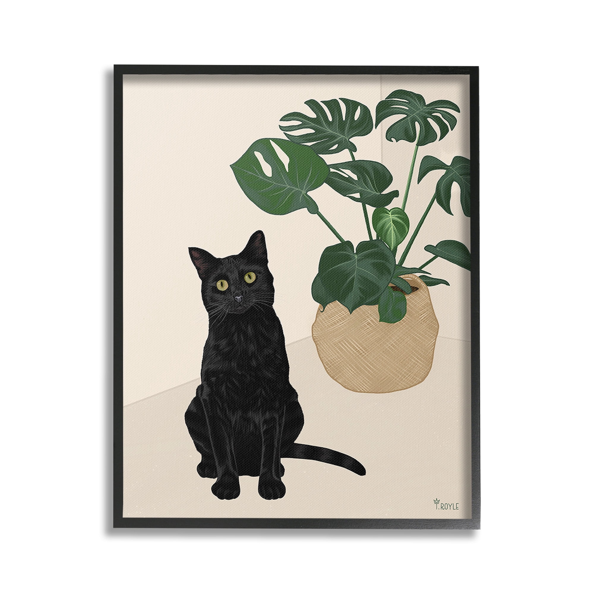 Stupell Industries Black Cat & Monstera Plant Animals & Insects Painting Black Framed Art Print Wall Art, 24 x 30