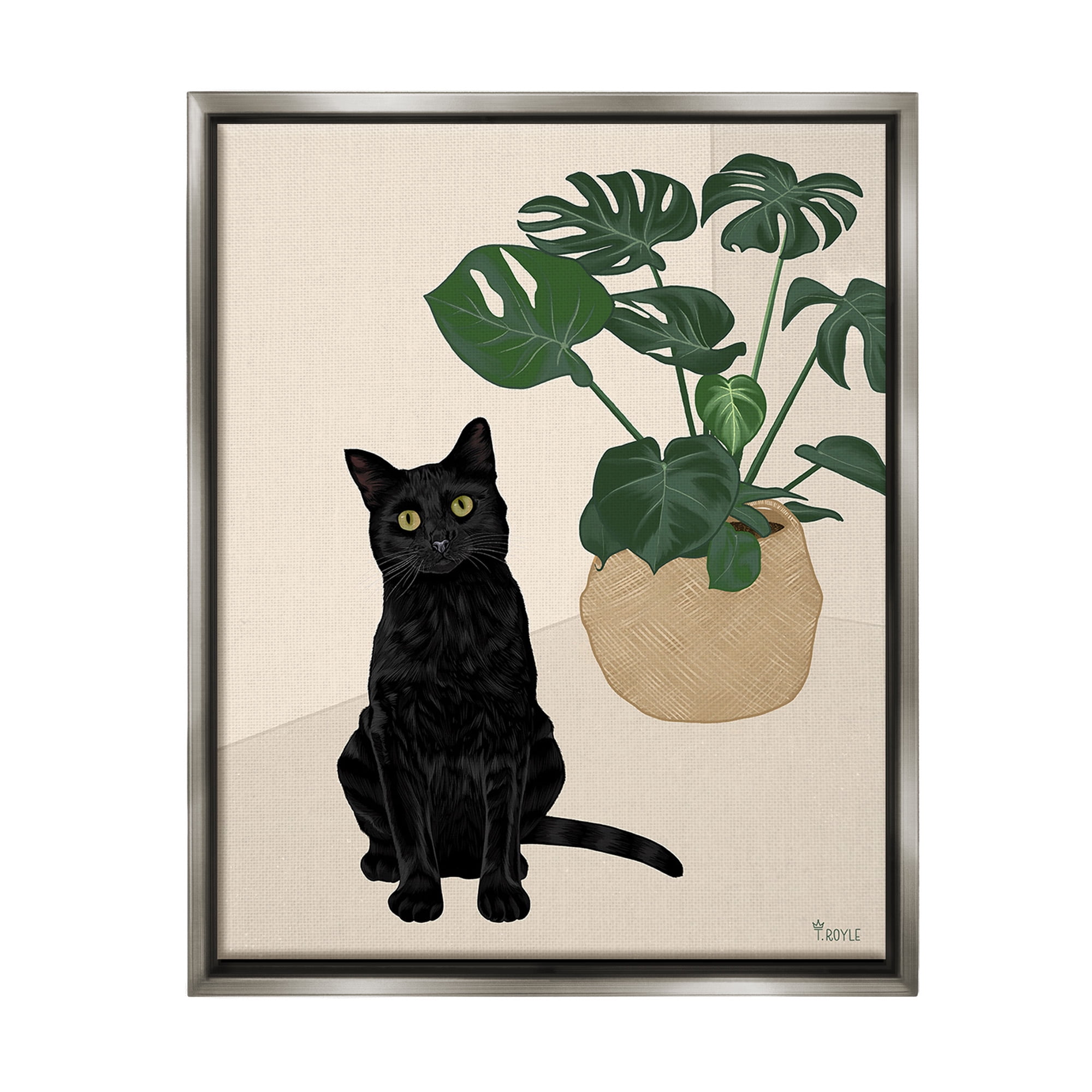 Black Cat and Monstera Plant Gray Framed Canvas Art Print