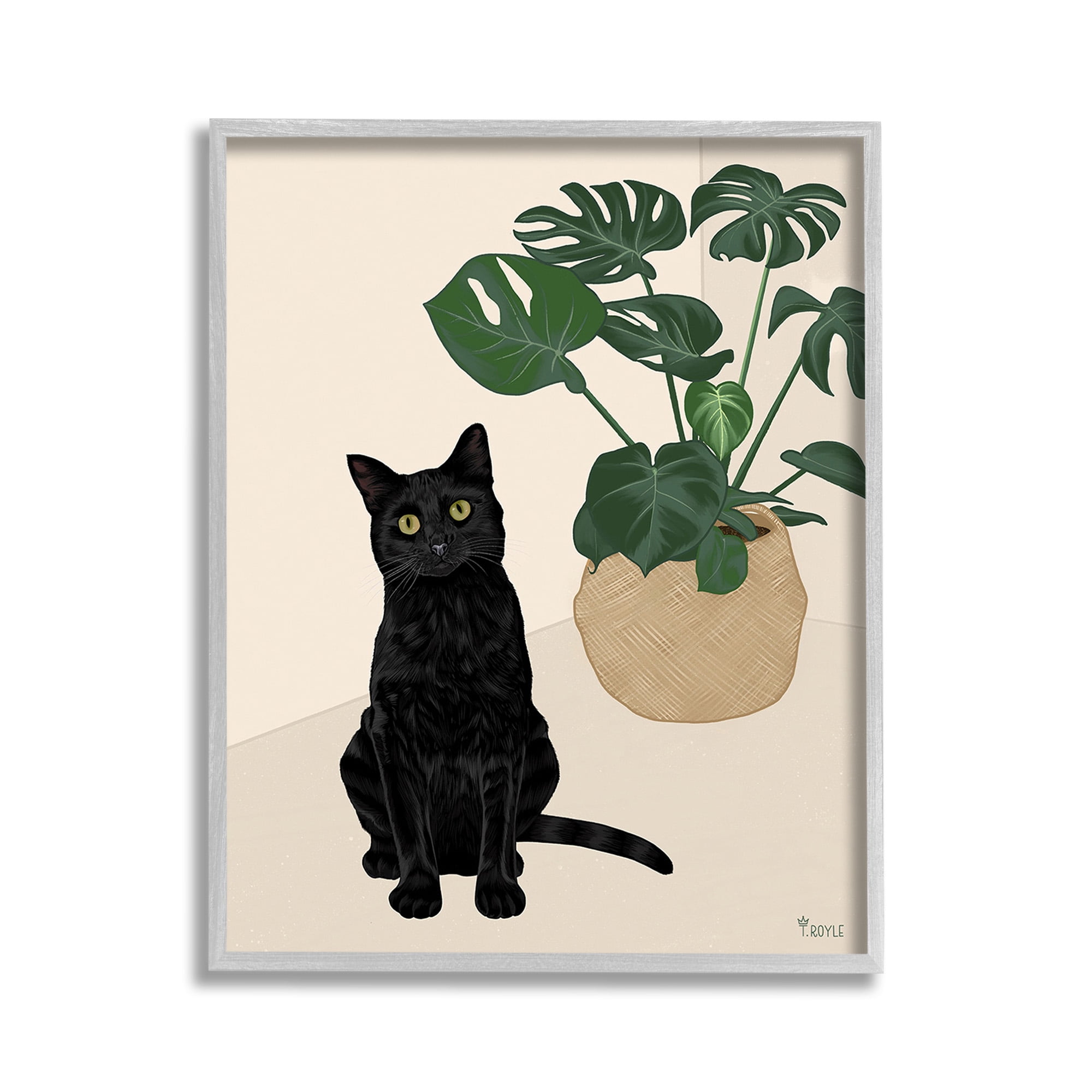 Stupell Industries Black Cat & Monstera Plant Animals & Insects Painting Gray Framed Art Print Wall Art, 11 x 14