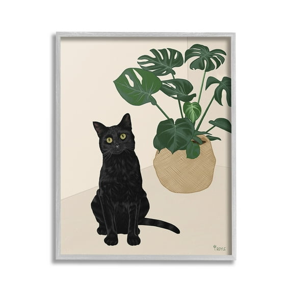 Stupell Industries Black Cat & Monstera Plant Animals & Insects Painting Gray Framed Art Print Wall Art, 16 x 20