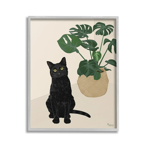 Stupell Industries Black Cat & Monstera Plant Animals & Insects Painting Gray Framed Art Print Wall Art, 24 x 30