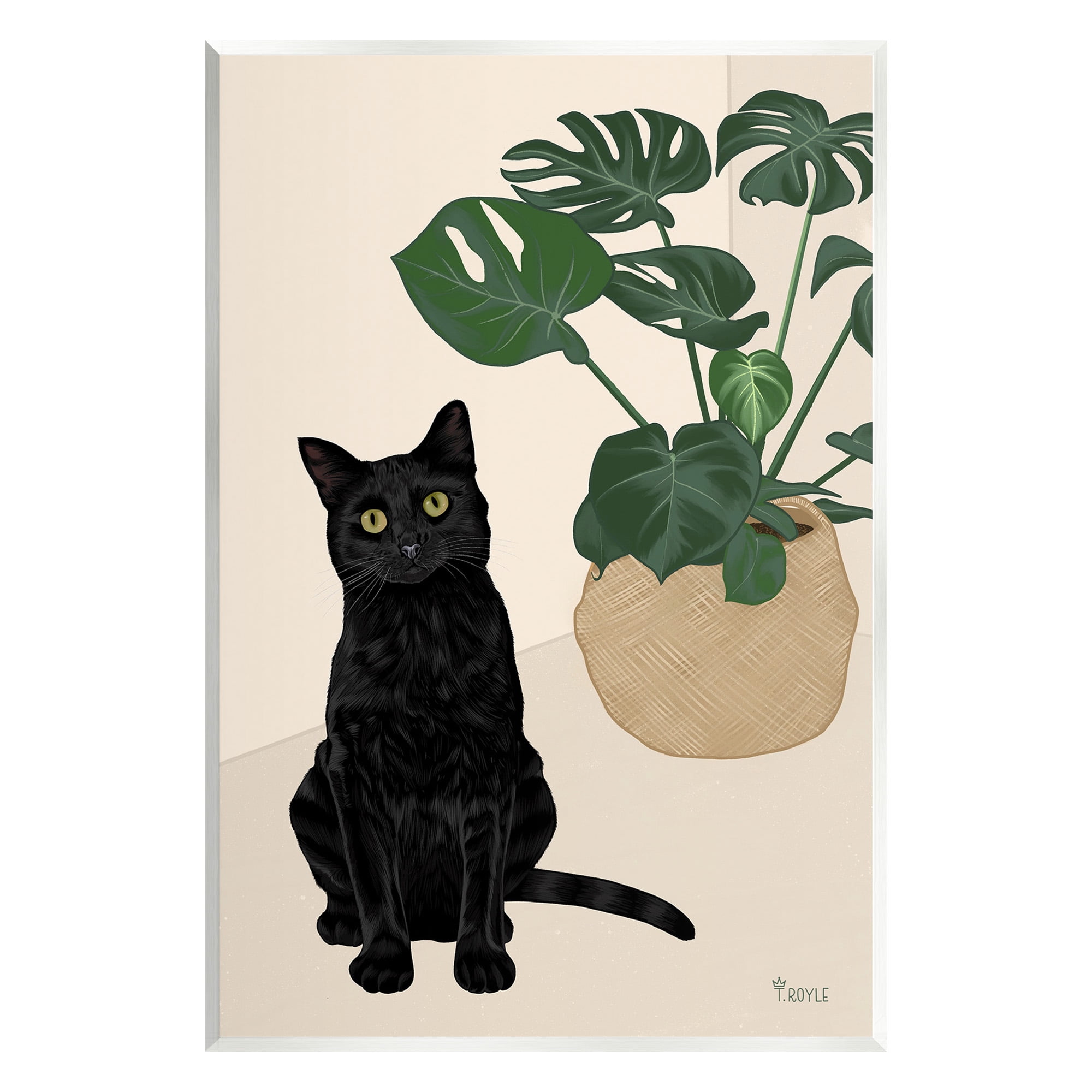 Stupell Industries Black Cat & Monstera Plant Animals & Insects Painting Unframed Art Print Wall Art, 13 x 19