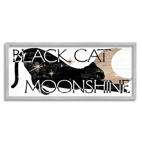Stupell Industries Black Cat Moonshine Weathered Halloween Moon Sign Graphic Art Gray Framed Art Print Wall Art, Design by Daphne Polselli