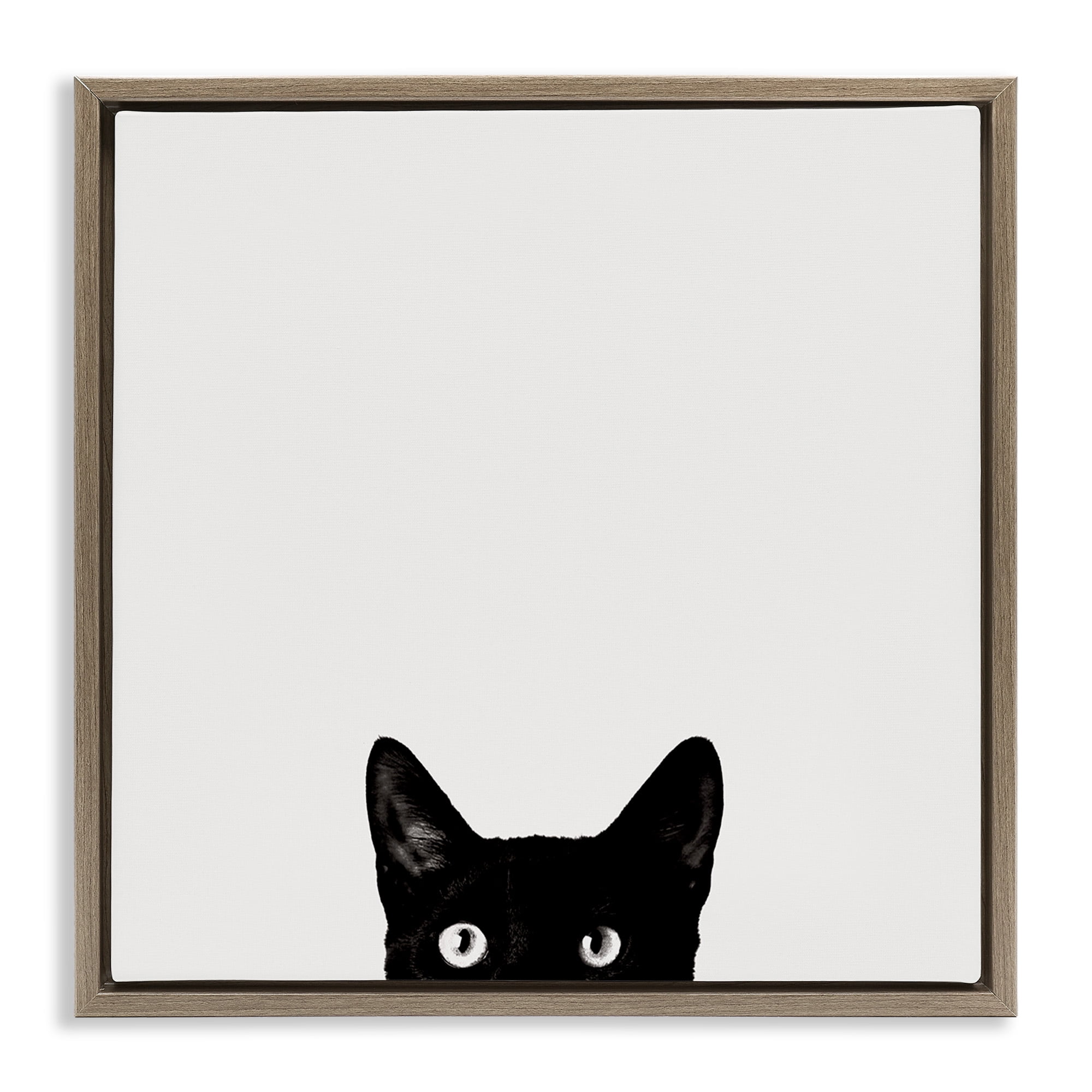 Black Cat Peeking Framed Canvas Art Print in Brown Frame, 25 x 25
