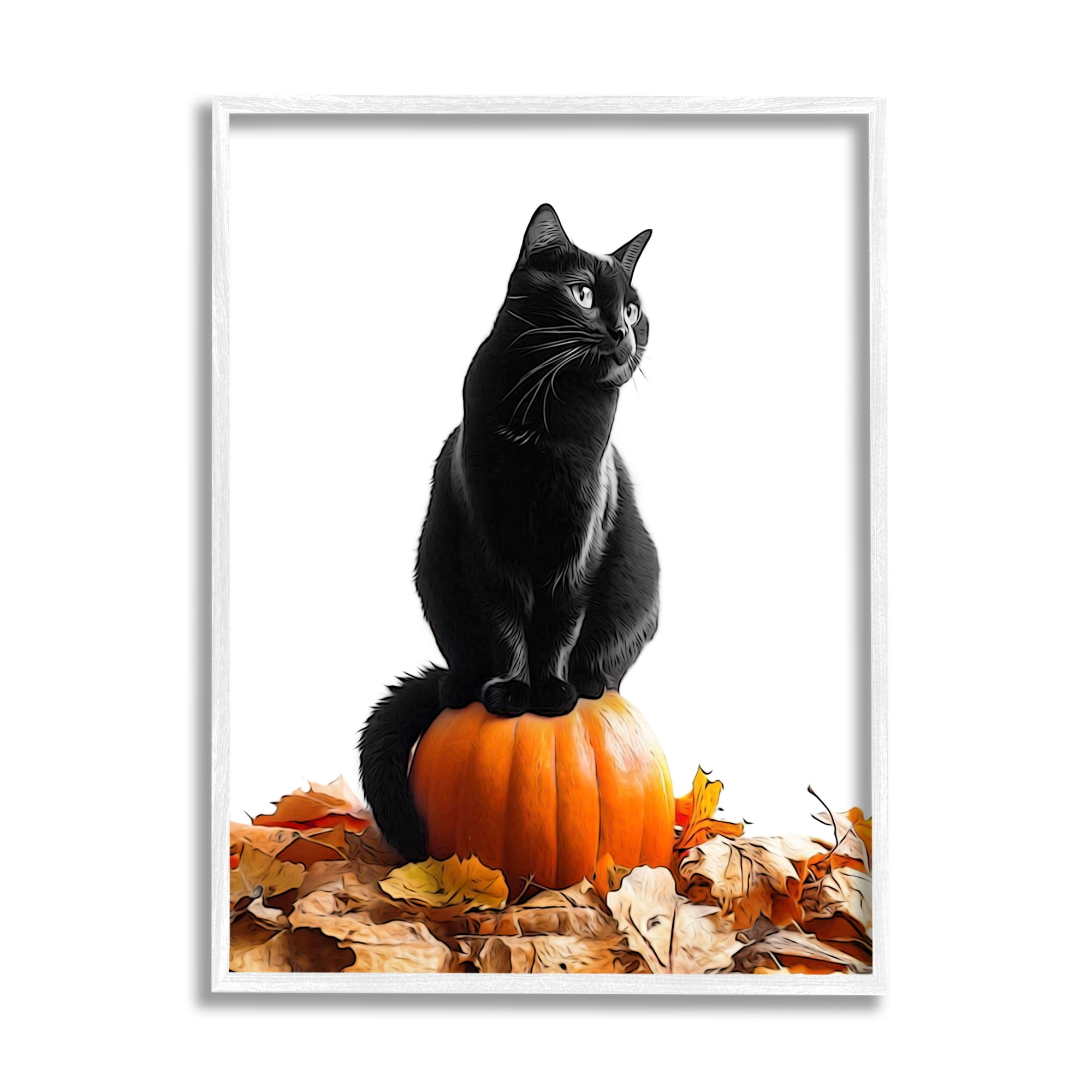Stupell Industries Black Cat & Pumpkin Holiday Painting White Framed Art Print Wall Art, 16 x 20