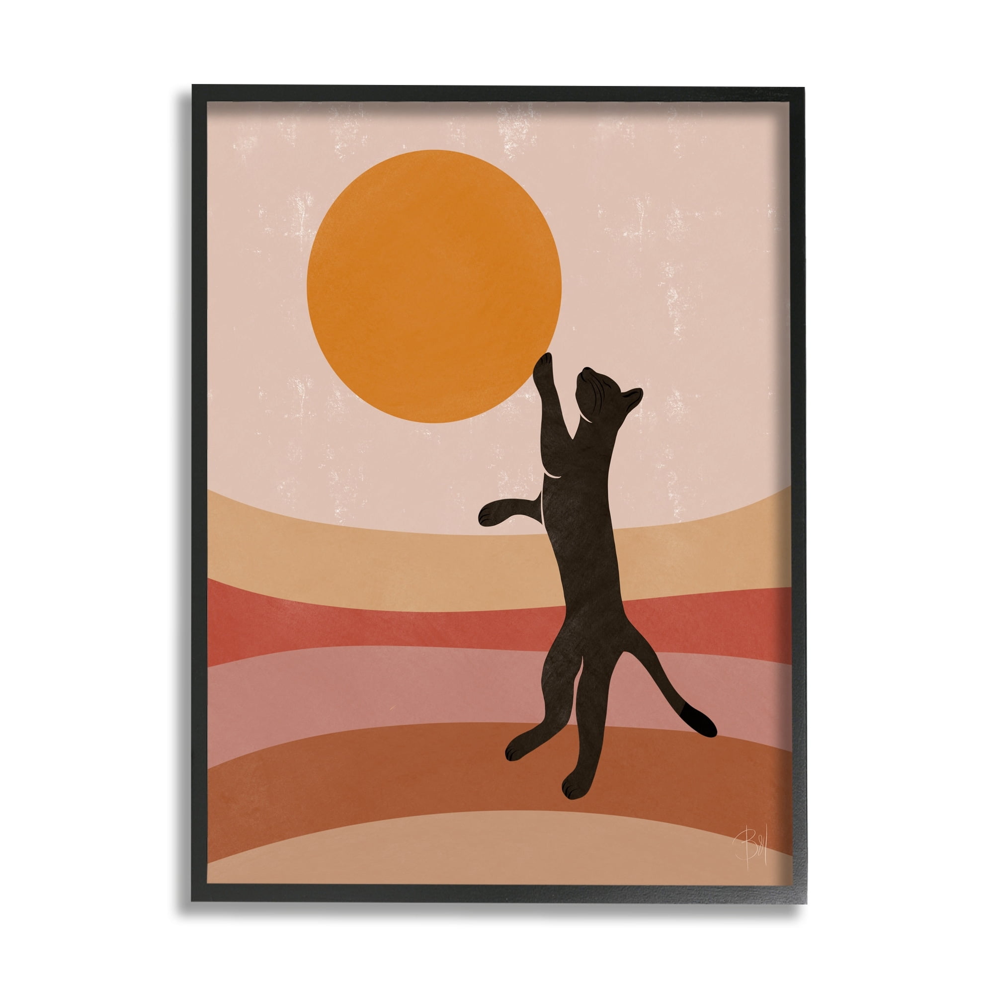 Stupell Industries Black Cat Reaching Stripes Pattern Animals & Insects Painting Black Framed Art Print Wall Art