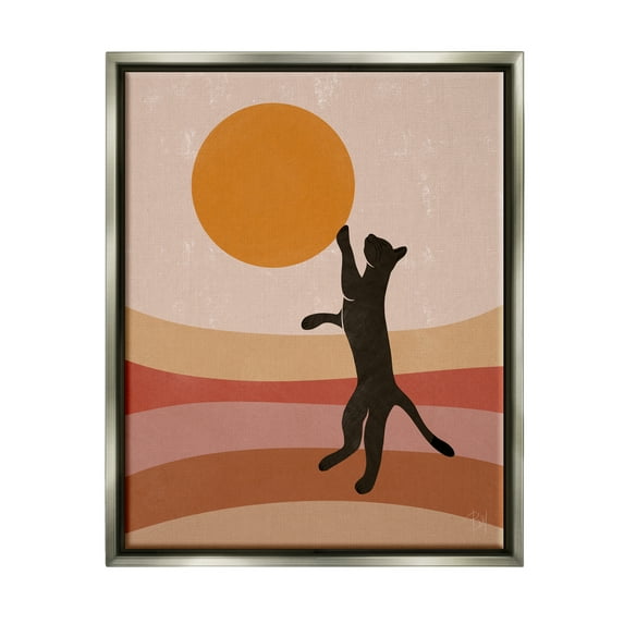 Stupell Industries Black Cat Reaching Stripes Pattern Animals & Insects Painting Gray Floater Framed Art Print Wall Art