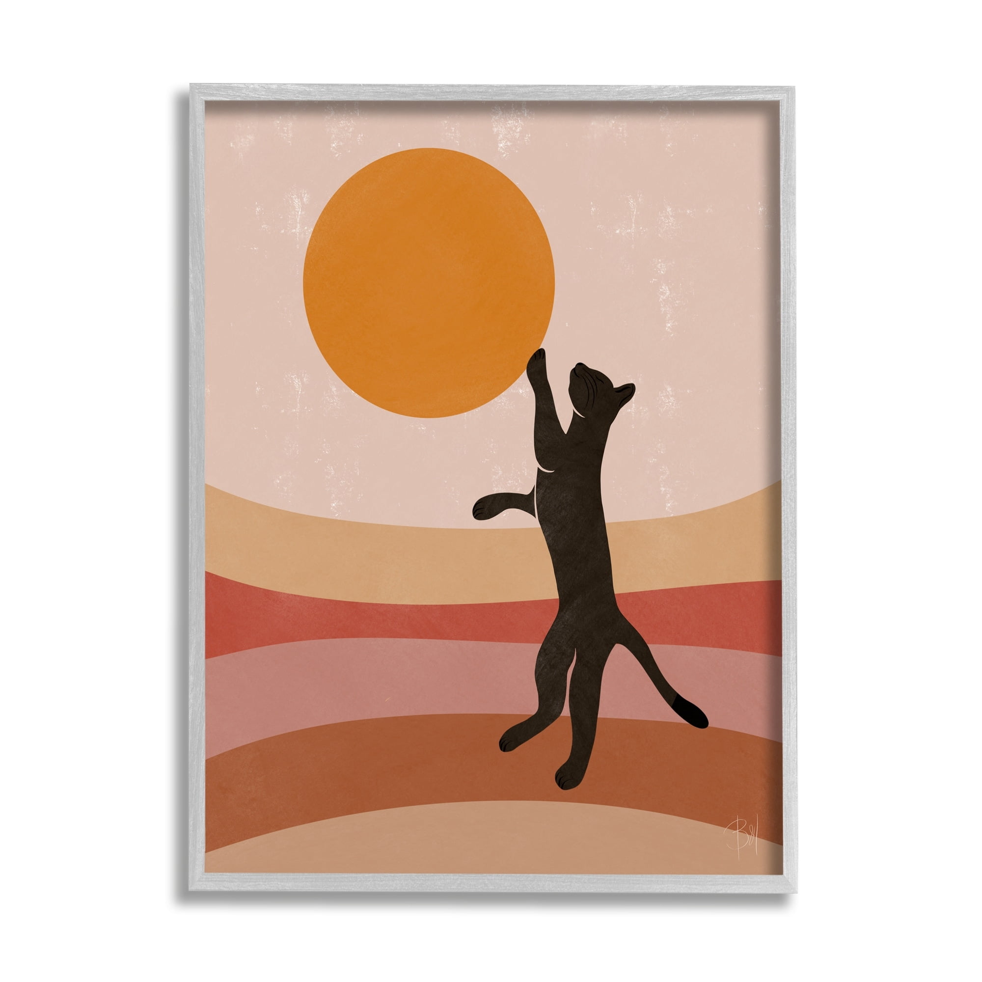 Stupell Industries Black Cat Reaching Stripes Pattern Animals & Insects Painting Gray Framed Art Print Wall Art