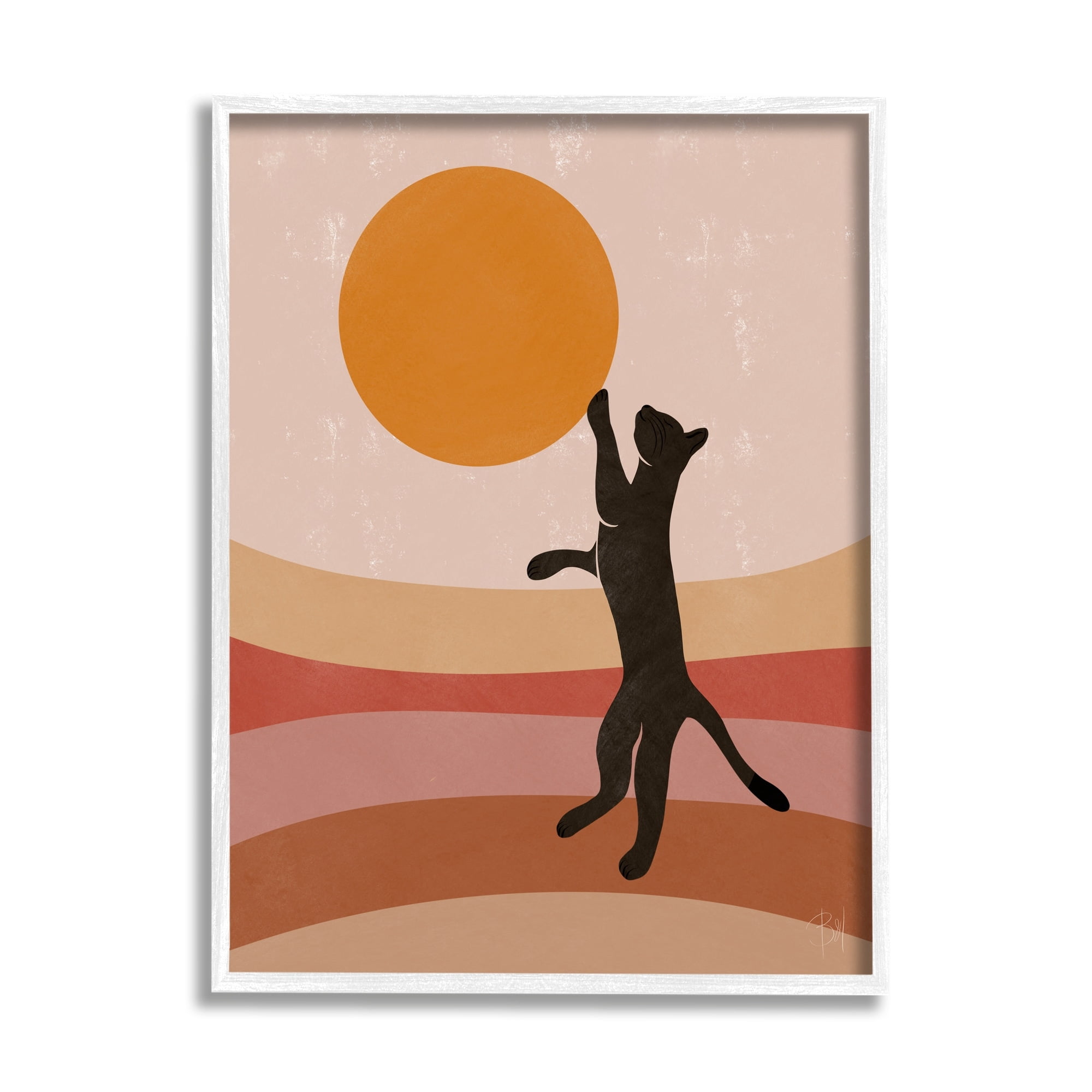 Stupell Industries Black Cat Reaching Stripes Pattern Animals & Insects Painting White Framed Art Print Wall Art
