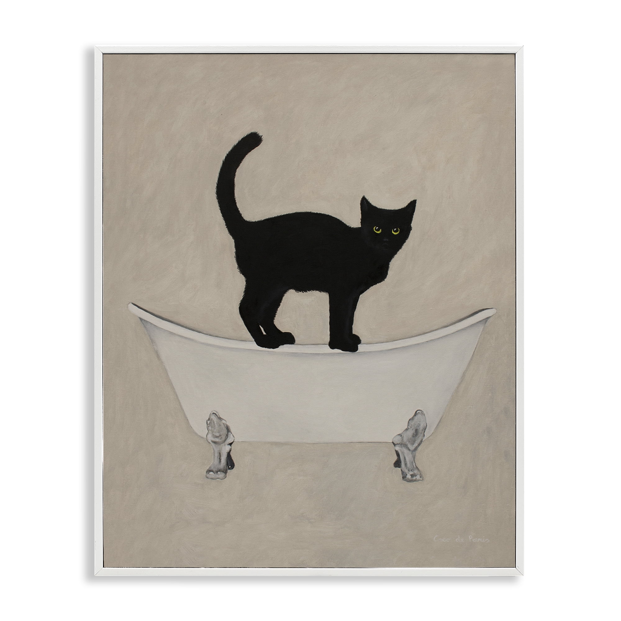 Black Cat Simple Claw Foot Bathtub Bathroom Painting White Framed Giclee Art, 11 x 14