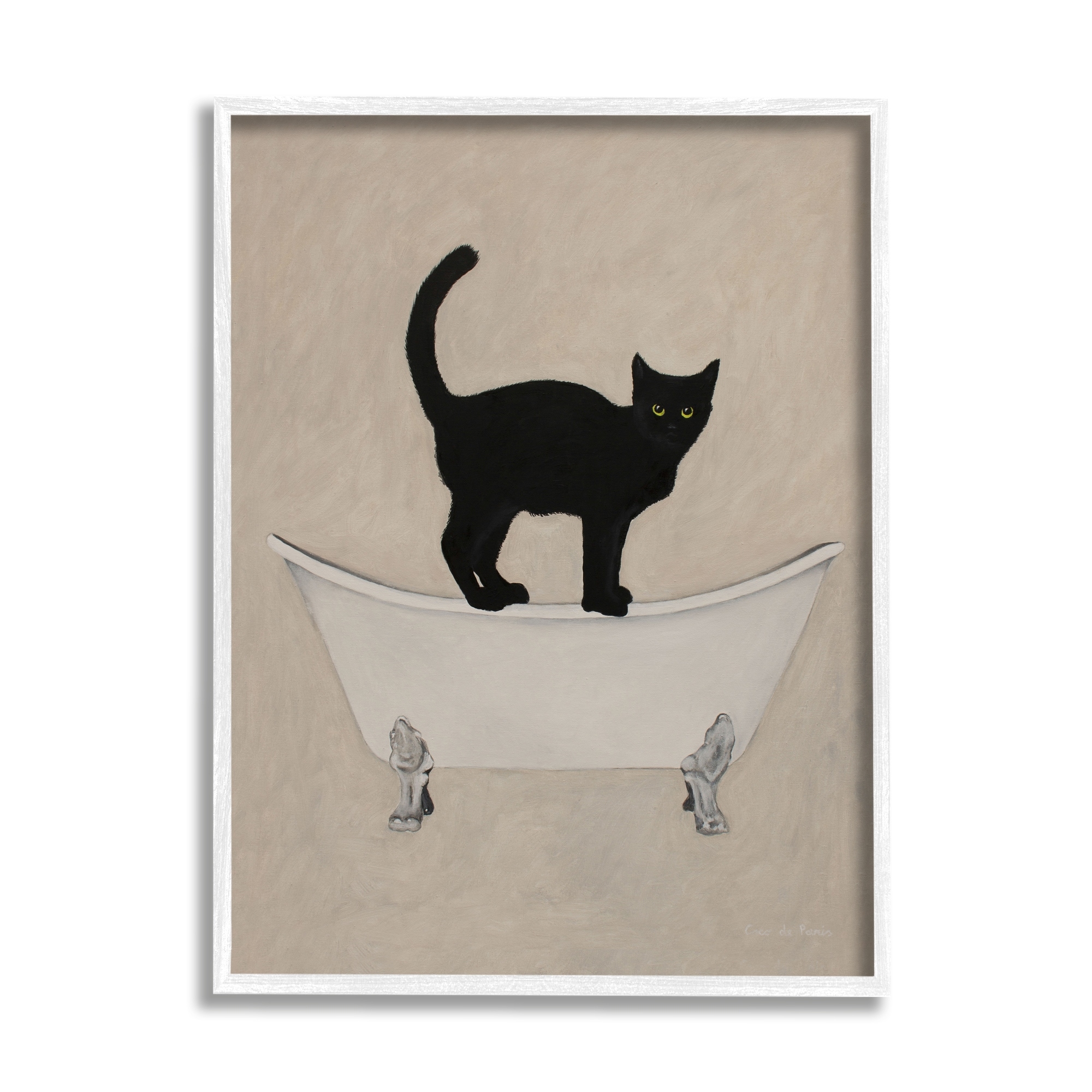 Black Cat Simple Claw Foot Bathtub Bathroom Painting White Framed Giclee Art, 16 x 20