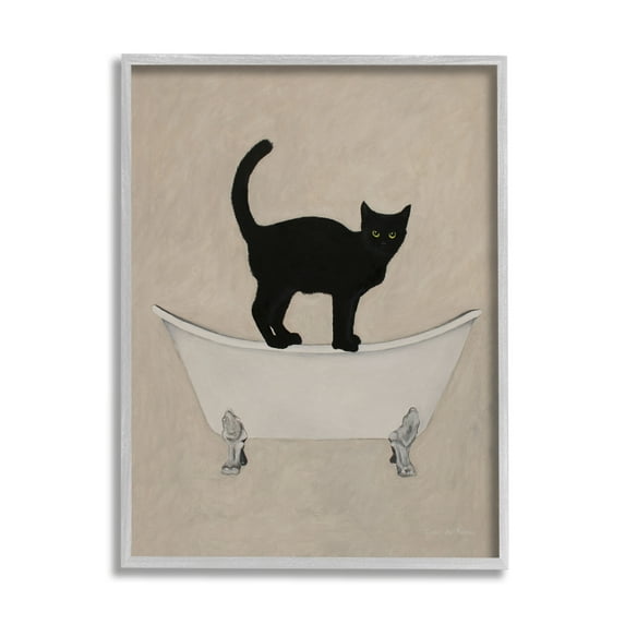 Black Cat Simple Claw Foot Bathtub Bathroom Painting Gray Framed Giclee Art, 16 x 20, Made In USA
