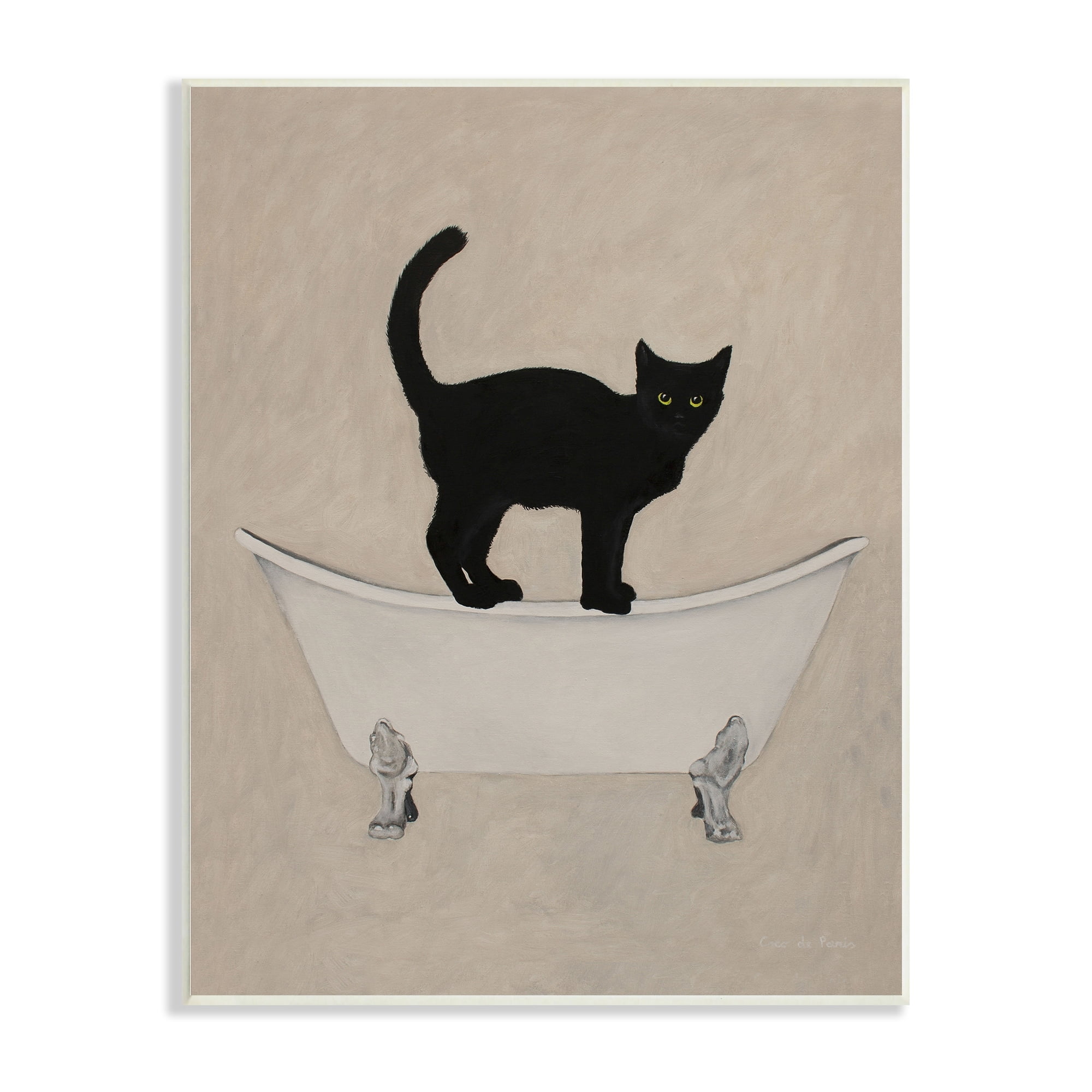 Black Cat Simple Claw Foot Bathtub Bathroom Painting Wall Plaque Art, 10 x 15