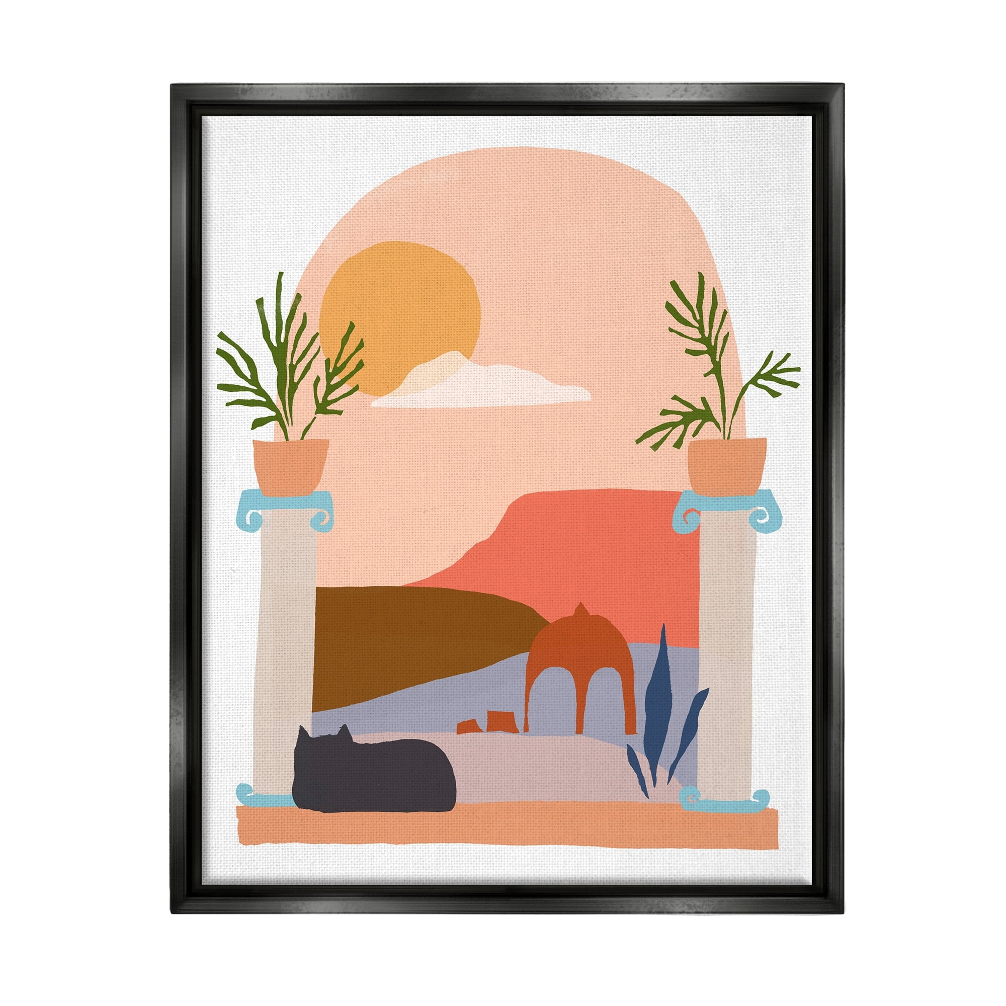 Stupell Industries Black Cat Watching Peaceful Sunny Hills Scenery Graphic Art Jet Black Floating Framed Canvas Print Wall Art, Design by June Erica Vess