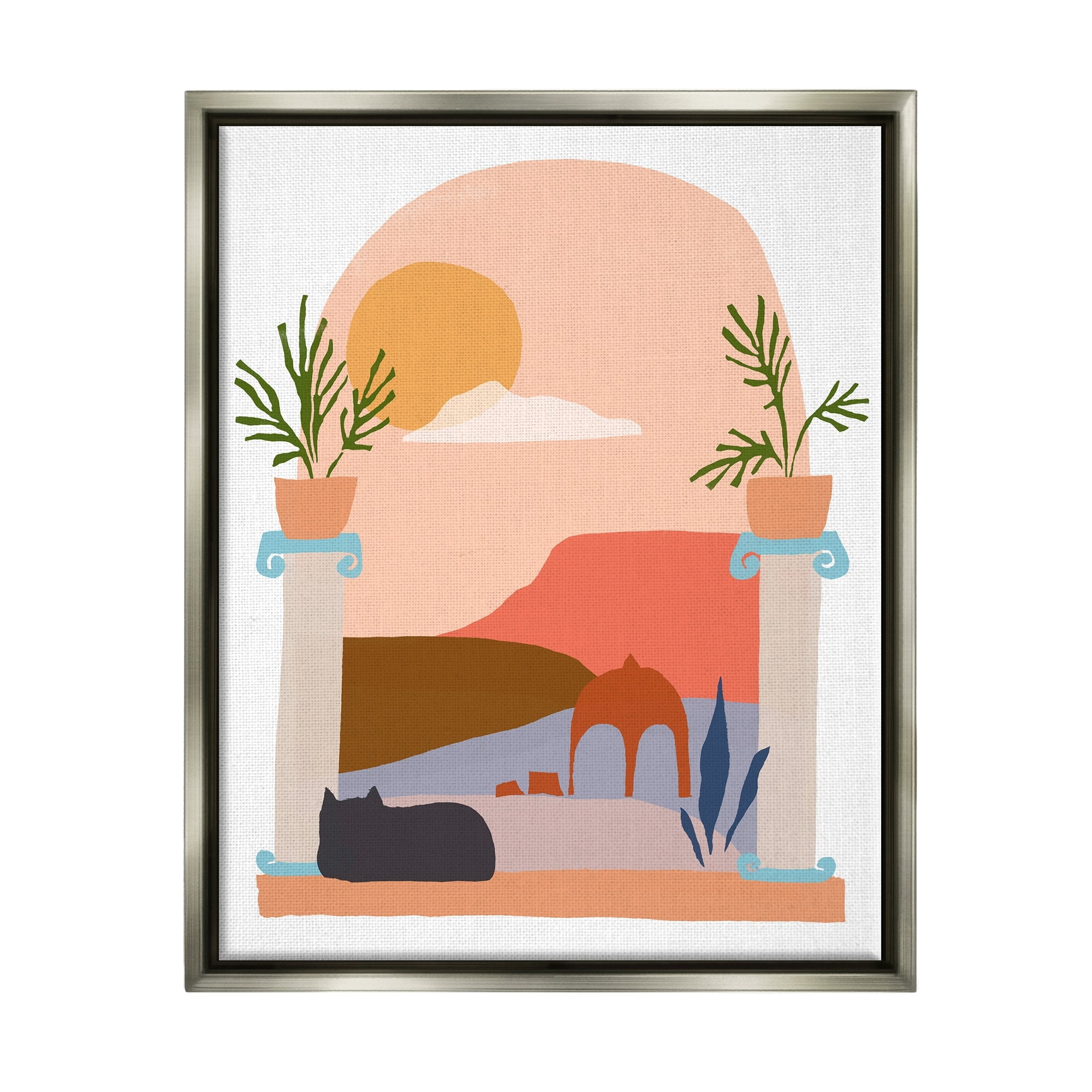 Stupell Industries Black Cat Watching Peaceful Sunny Hills Scenery Graphic Art Luster Gray Floating Framed Canvas Print Wall Art, Design by June Erica Vess