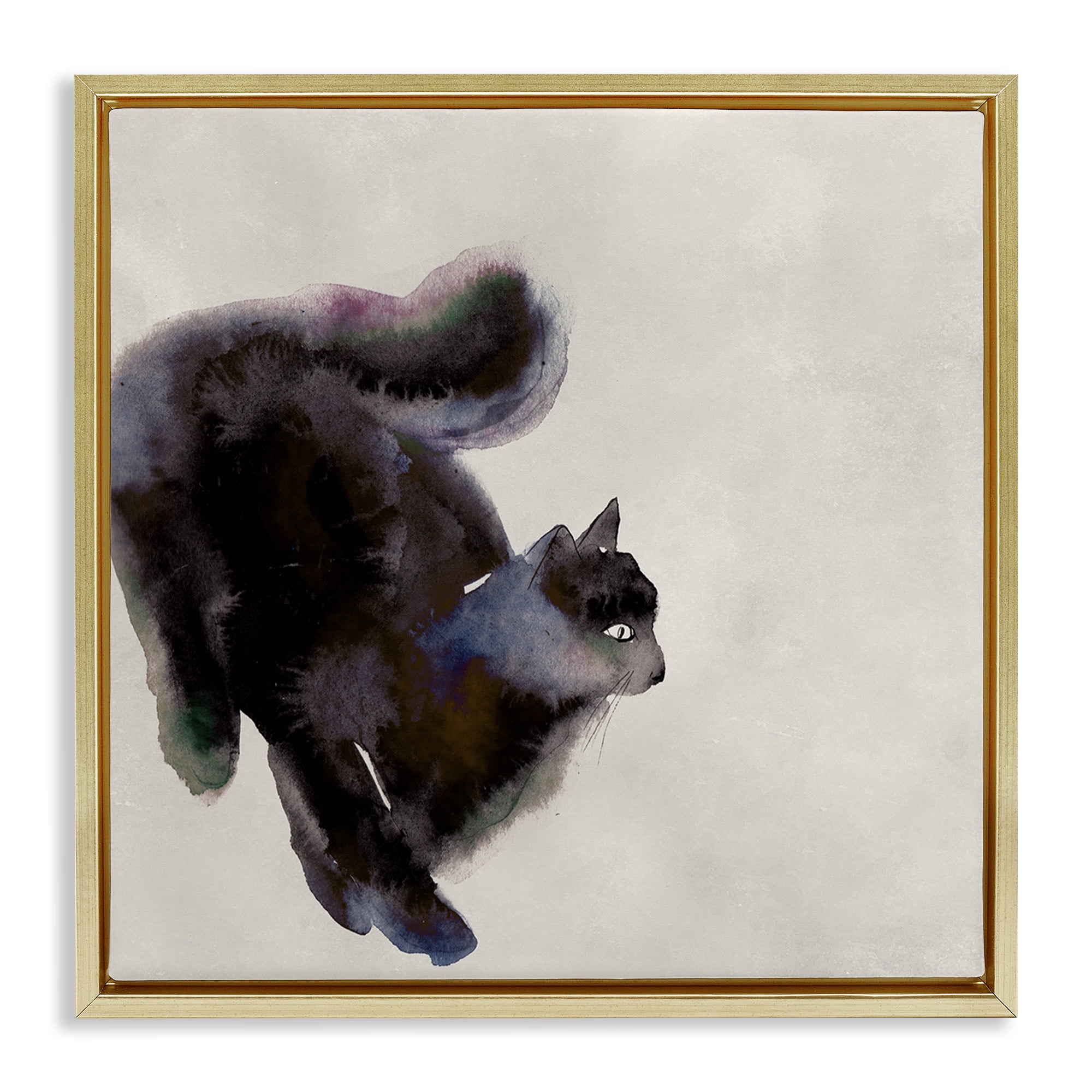 Stupell Industries Black Cat Watercolor Animals Painting Gold Floater Framed Canvas Art Print Wall Art, 25 x 25