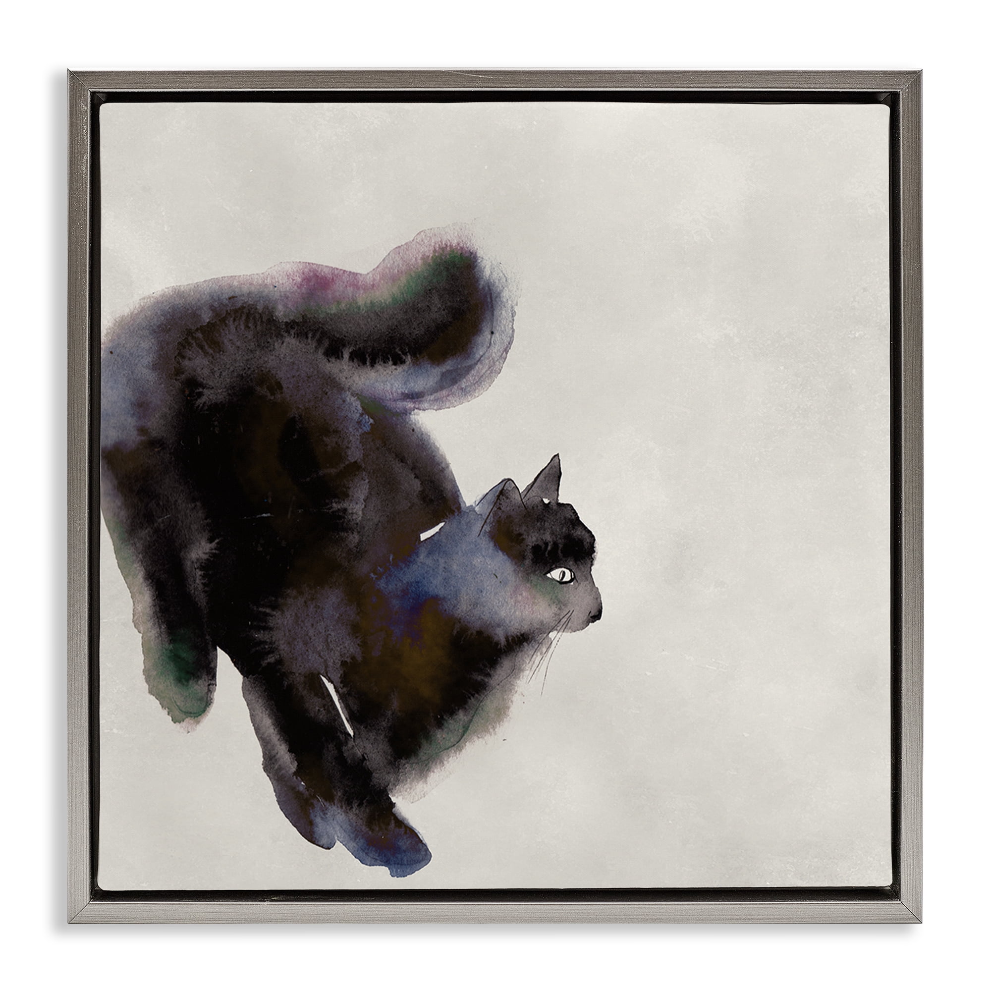 Stupell Industries Black Cat Watercolor Animals Painting Gray Floater Framed Canvas Art Print Wall Art, 18 x 18