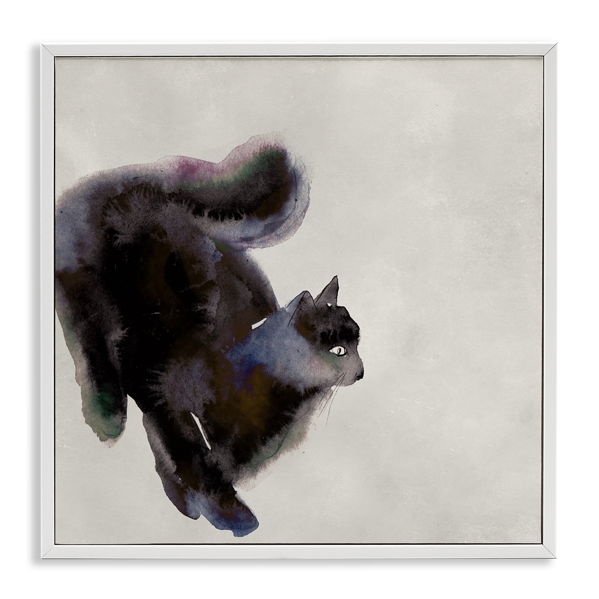 Stupell Industries Black Cat Watercolor Animals Painting White Framed Art Print Wall Art, 12 x 12