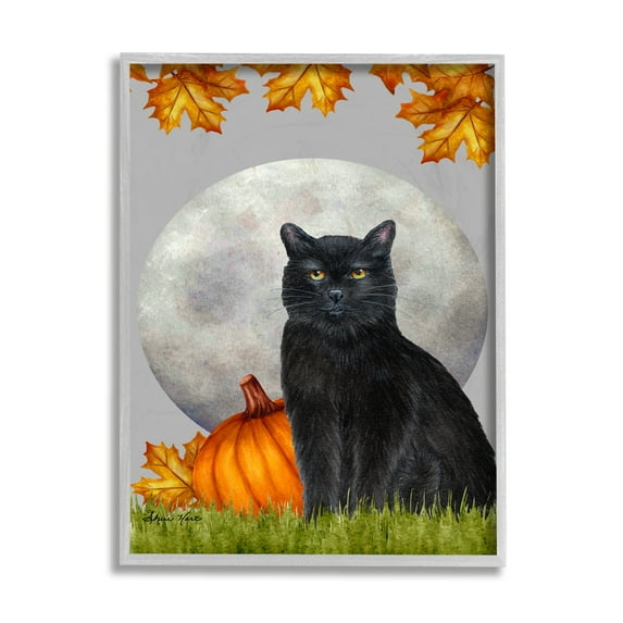 Stupell Industries Black Cat and Full Moon Autumn Leaves Pumpkins Graphic Art Gray Framed Art Print Wall Art, 11x14, by Sheri Hart