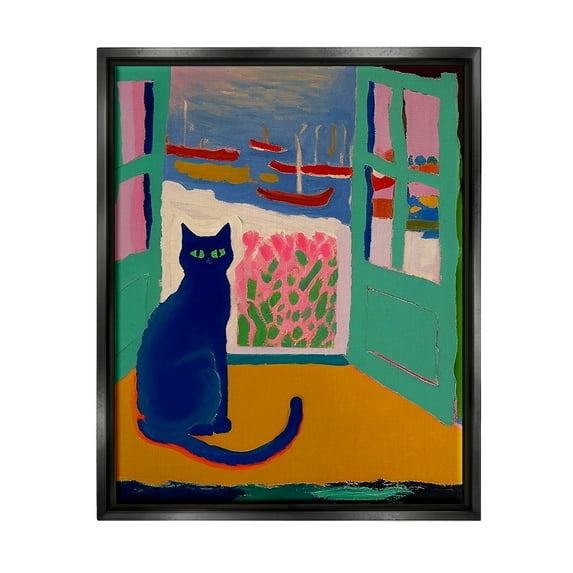 Stupell Industries Black Cat in Doorway Animals & Insects Painting Black Floater Framed Canvas Art Print Wall Art, 17 x 21