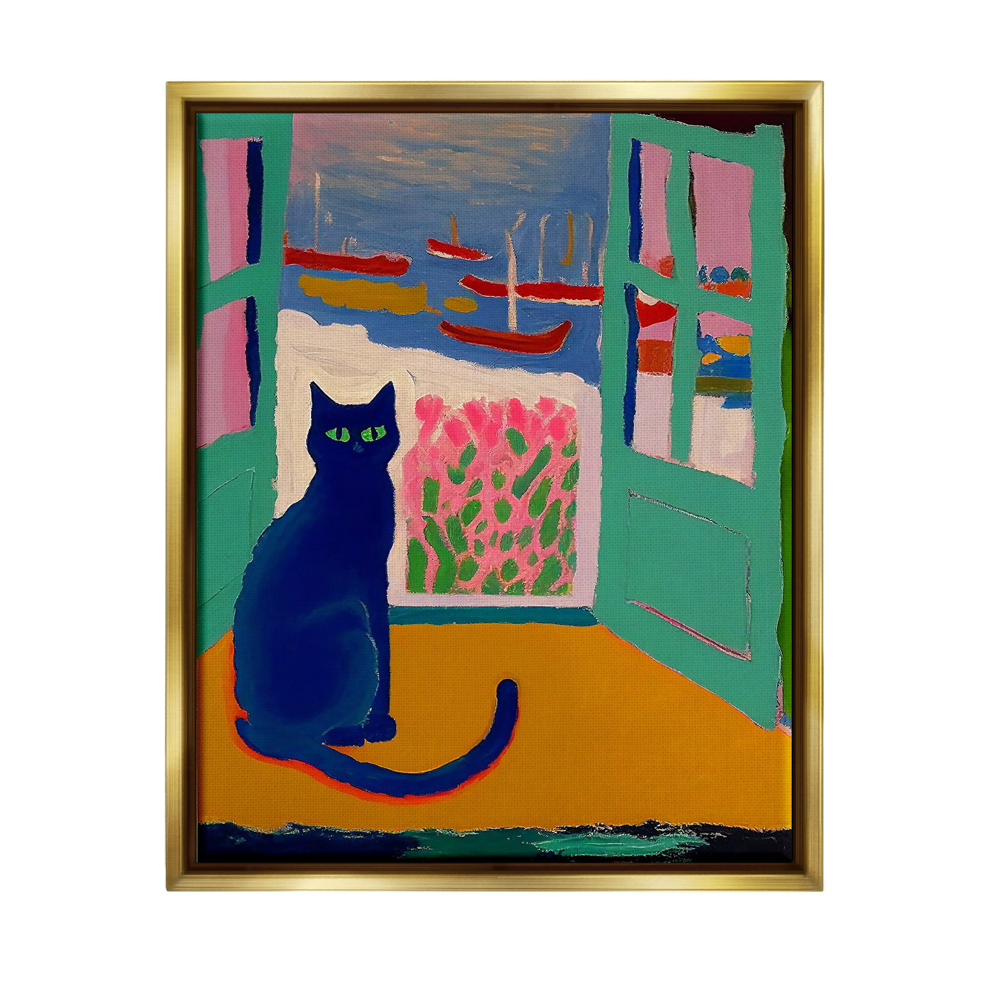 Stupell Industries Black Cat in Doorway Animals & Insects Painting Gold Floater Framed Canvas Art Print Wall Art, 17 x 21