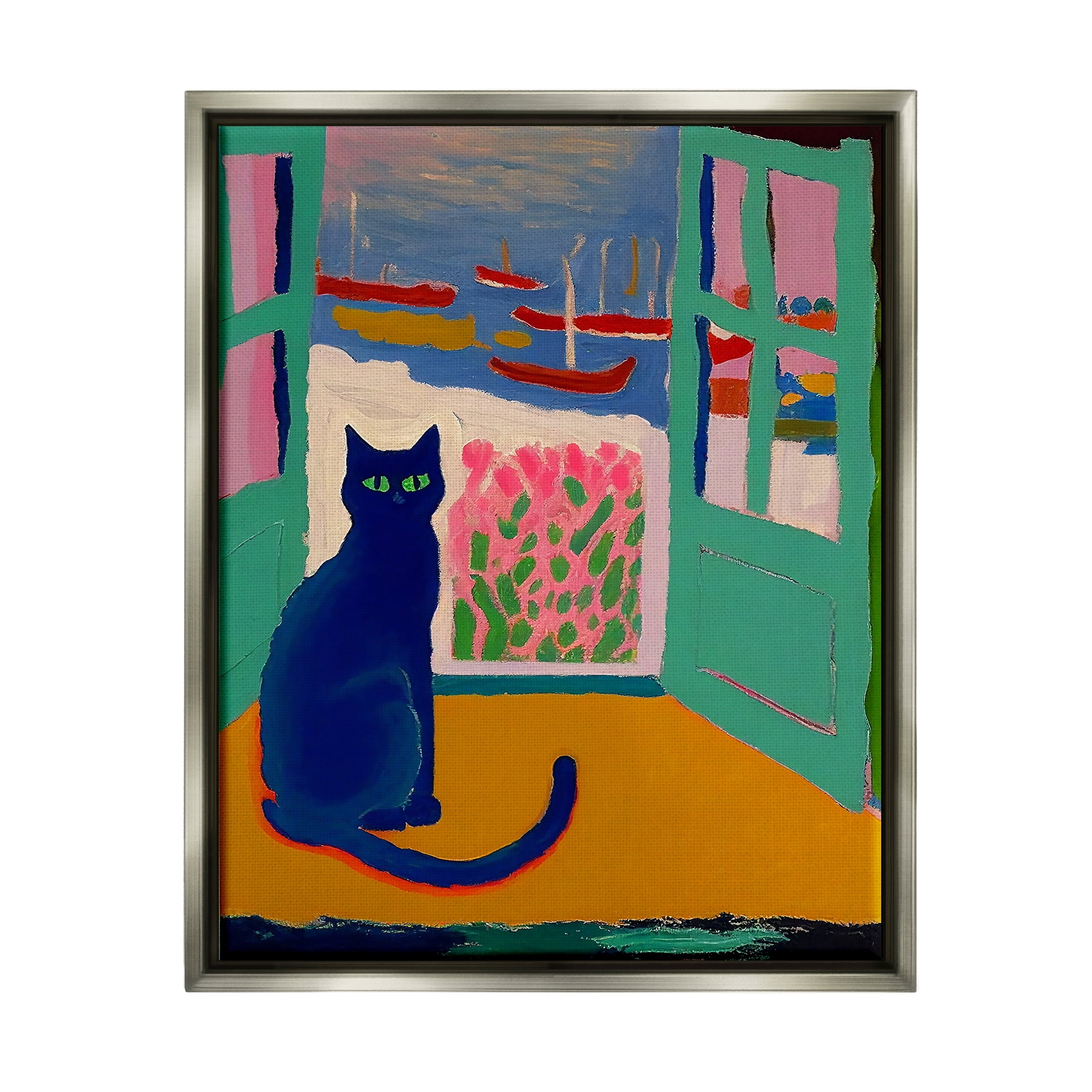 Stupell Industries Black Cat in Doorway Animals & Insects Painting Gray Floater Framed Canvas Art Print Wall Art, 25 x 31