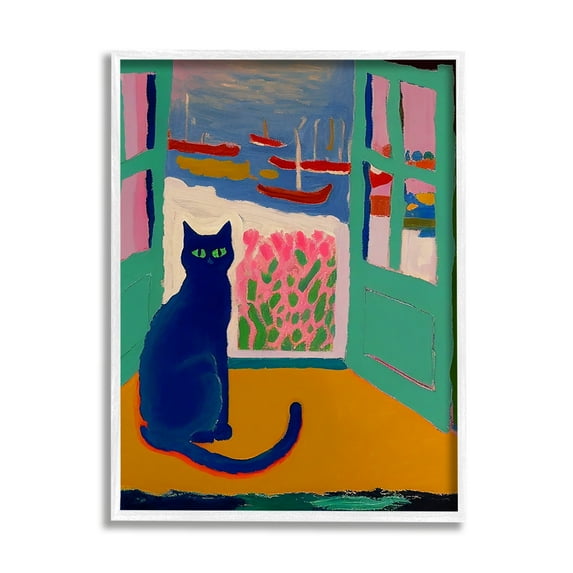 Stupell Industries Black Cat in Doorway Animals & Insects Painting White Framed Art Print Wall Art, 11 x 14