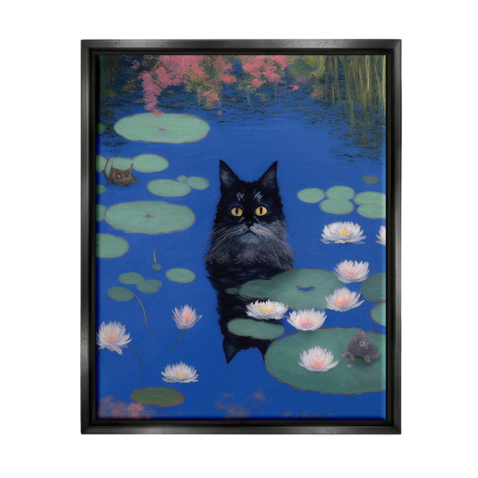 Stupell Industries Black Cat in Pond Animals & Insects Painting Black Floater Framed Canvas Art Print Wall Art, 17 x 21