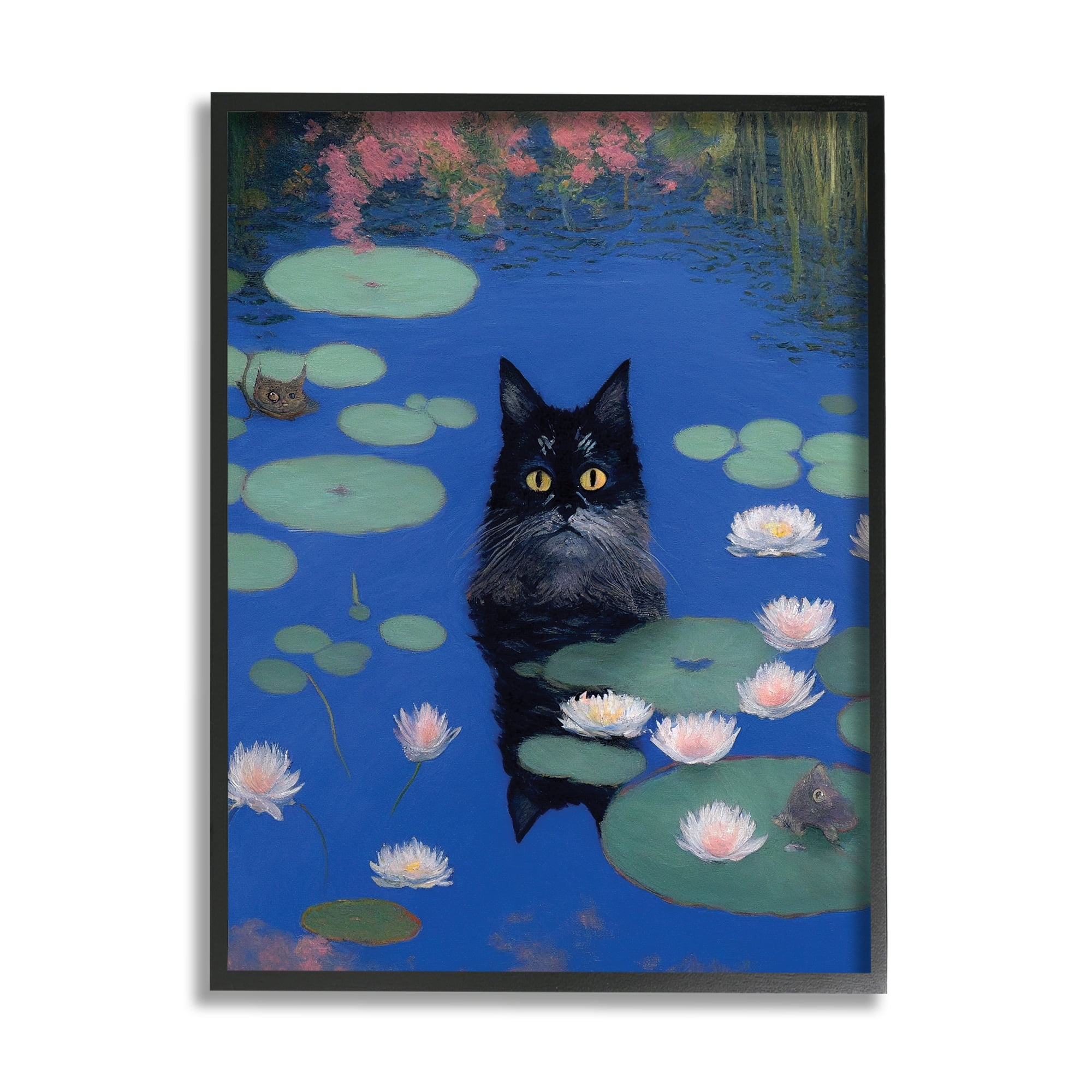 Stupell Industries Black Cat in Pond Animals & Insects Painting Black Framed Art Print Wall Art, 16 x 20
